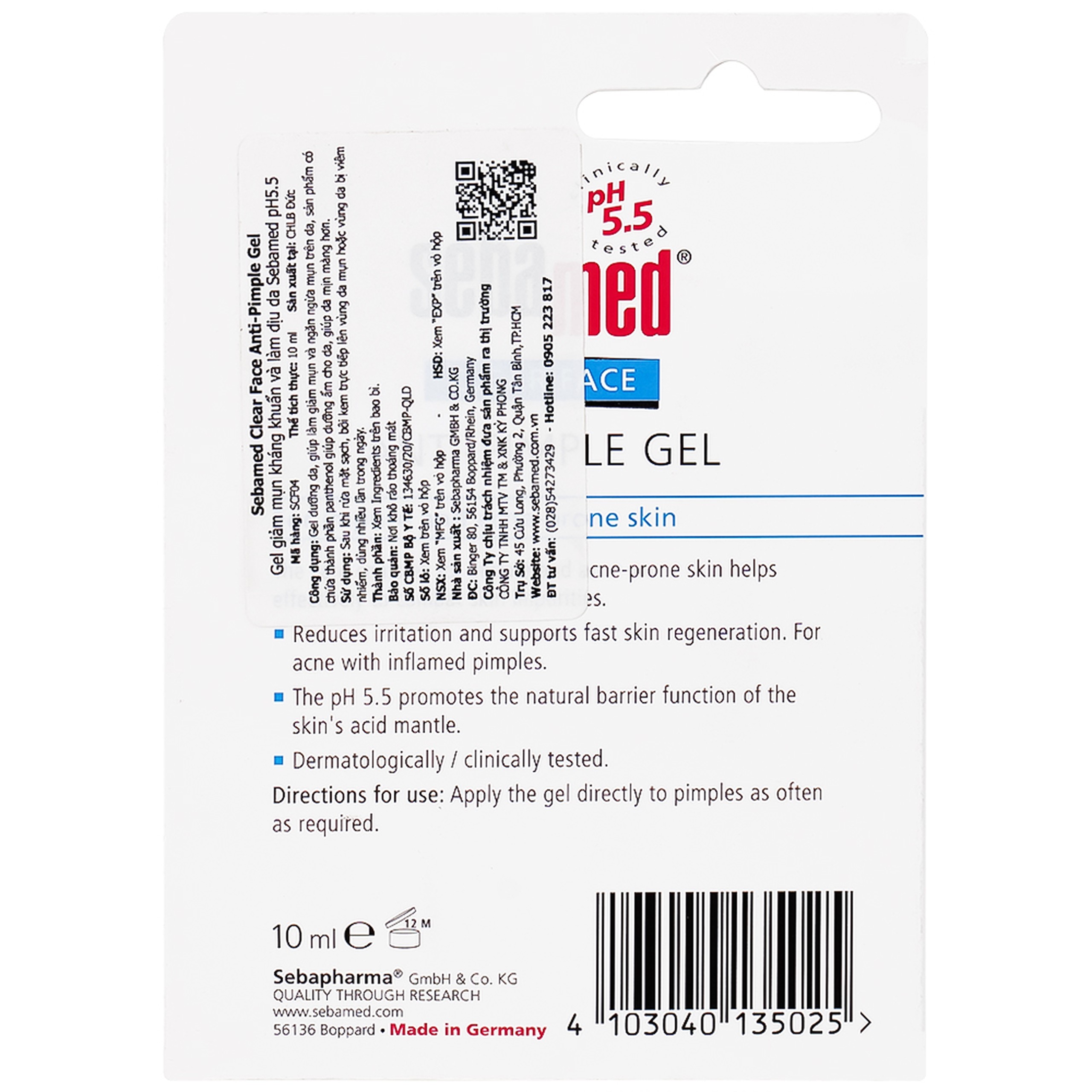 Gel Clear Face Anti-Pimple Sebamed pH 5.5 giúp làm giảm mụn,ngăn ngừa mụn, dưỡng ẩm (10ml)