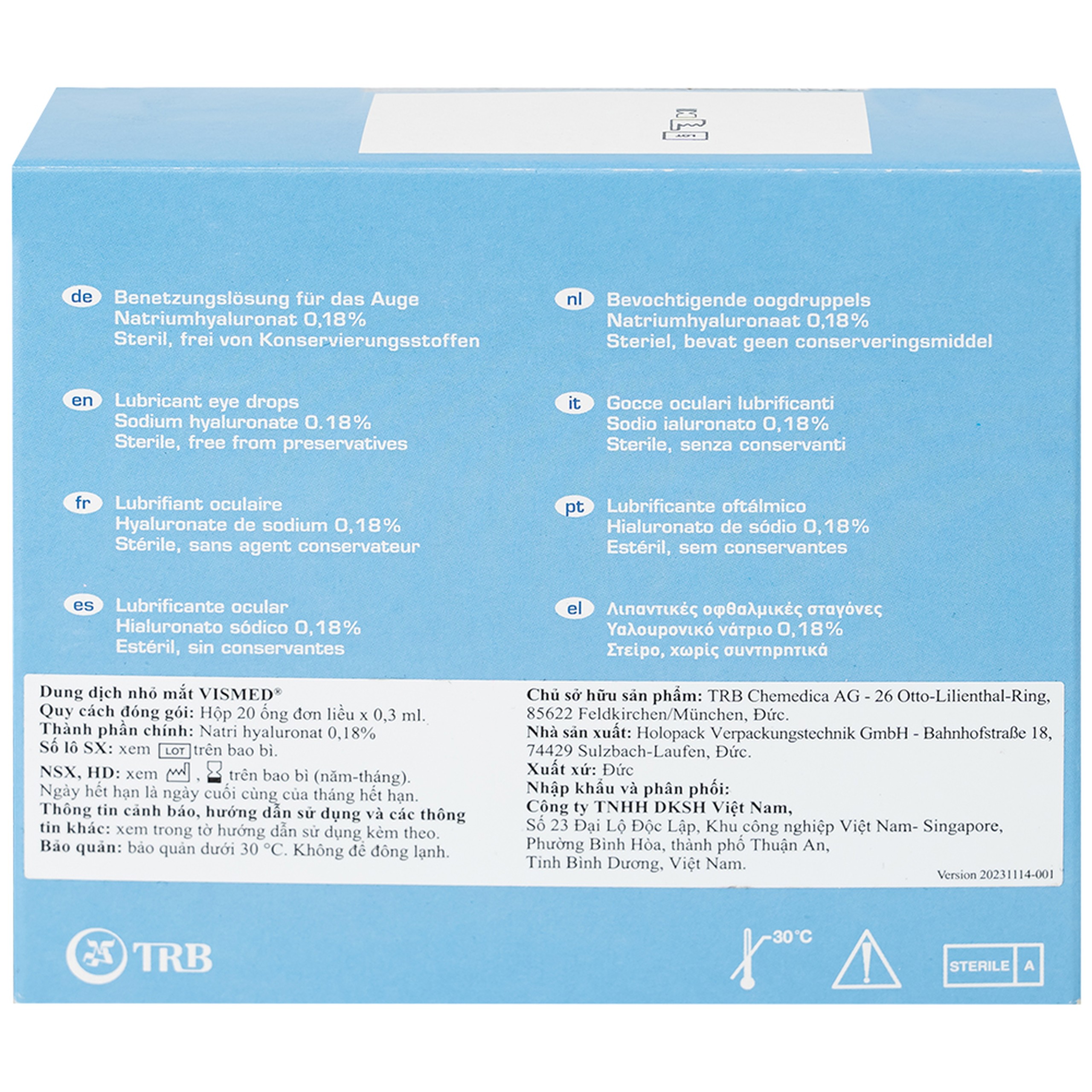 Nhỏ mắt Vismed 0.18% dùng cho mắt khô,tổn thương bề mặt nhãn cầu (20 ống x 0.3ml)