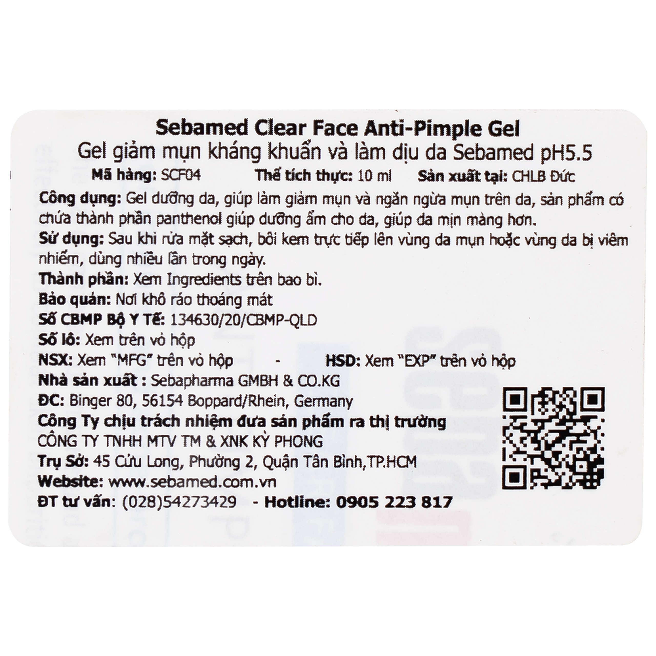Gel Clear Face Anti-Pimple Sebamed pH 5.5 giúp làm giảm mụn,ngăn ngừa mụn, dưỡng ẩm (10ml)