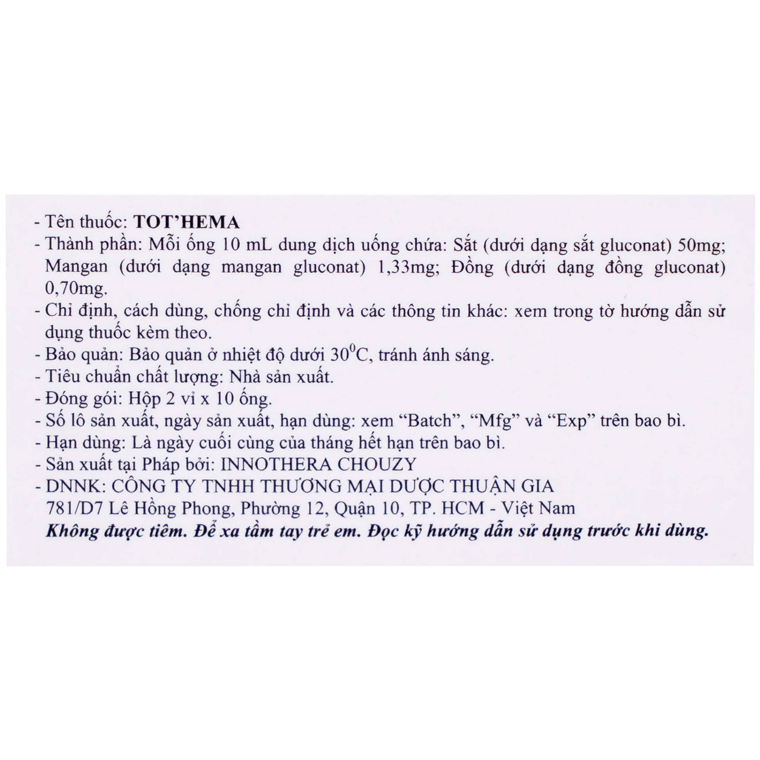 Dung dịch Tot'héma Innothera điều trị thiếu máu do sắt (2 vỉ x 10 ống x 10ml)