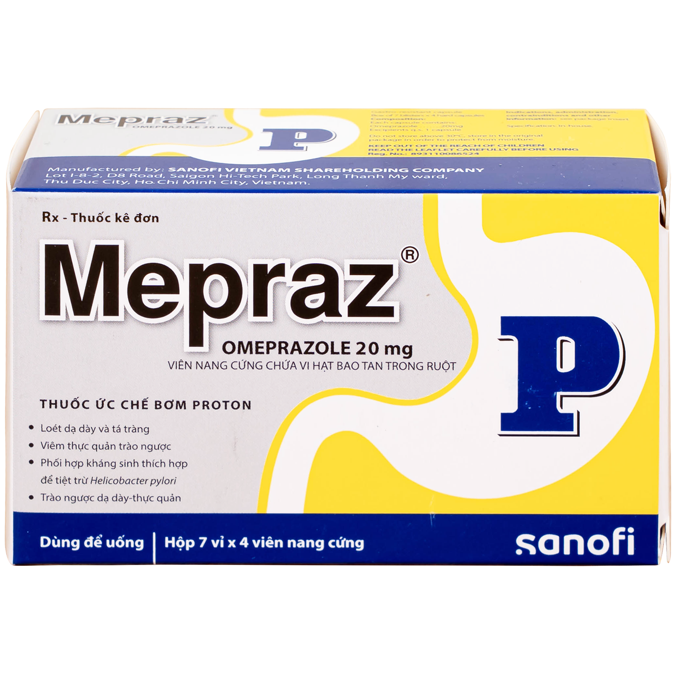 Viên nang cứng Mepraz 20mg Sanofi điều trị loét dạ dày tá tràng, viêm thực quản trào ngược (7 vỉ x 4 viên)