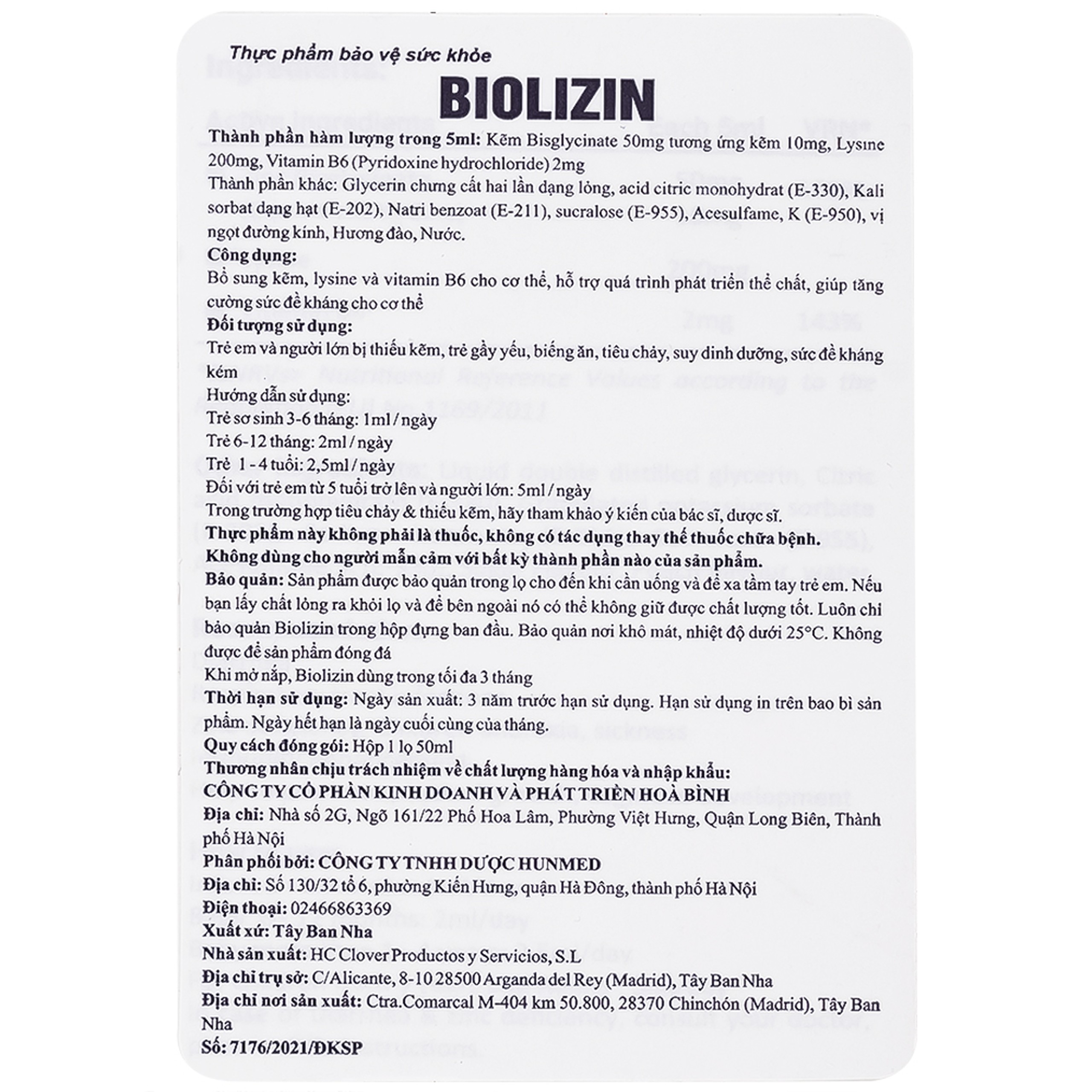 Siro Biolizin tăng cường sức đề kháng cho cơ thể (50ml)