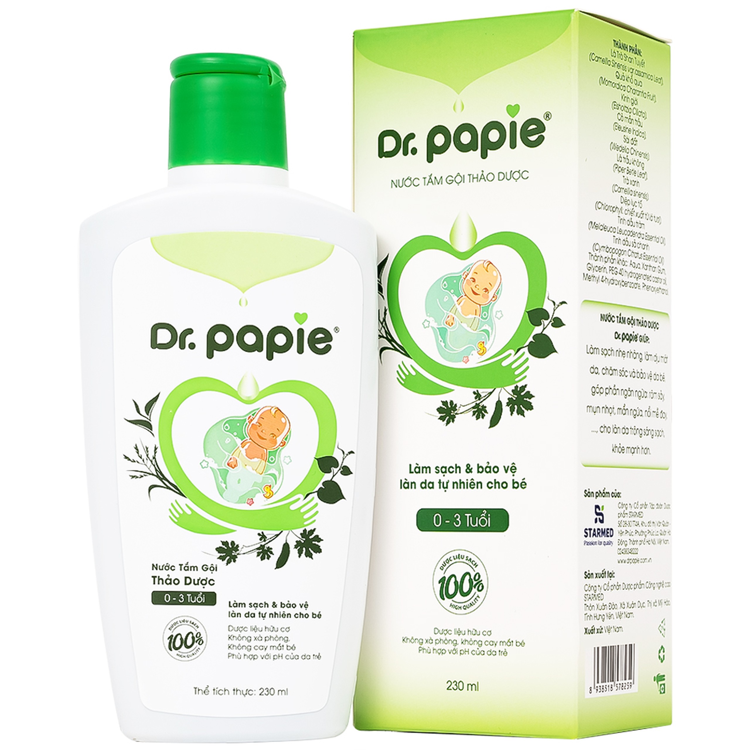 Nước tắm gội thảo dược Dr.Papie Starmed dưỡng tóc mượt mại, da đầu khỏe mạnh (230ml)