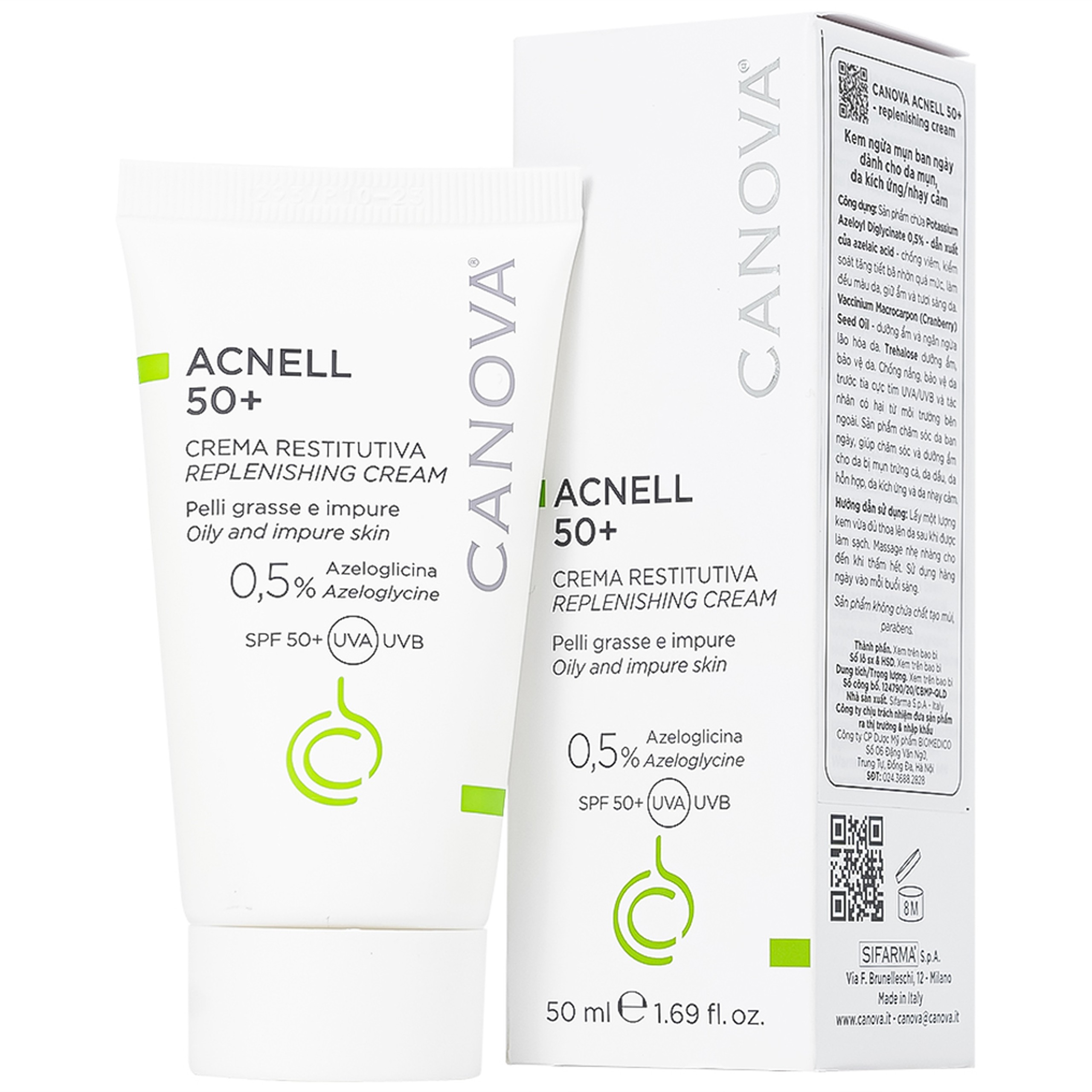 Kem ngừa mụn ban ngày Canova Acnell 50+ giúp chăm sóc và dưỡng ẩm cho da bị mụn, da kích ứng và da nhạy cảm (50ml)