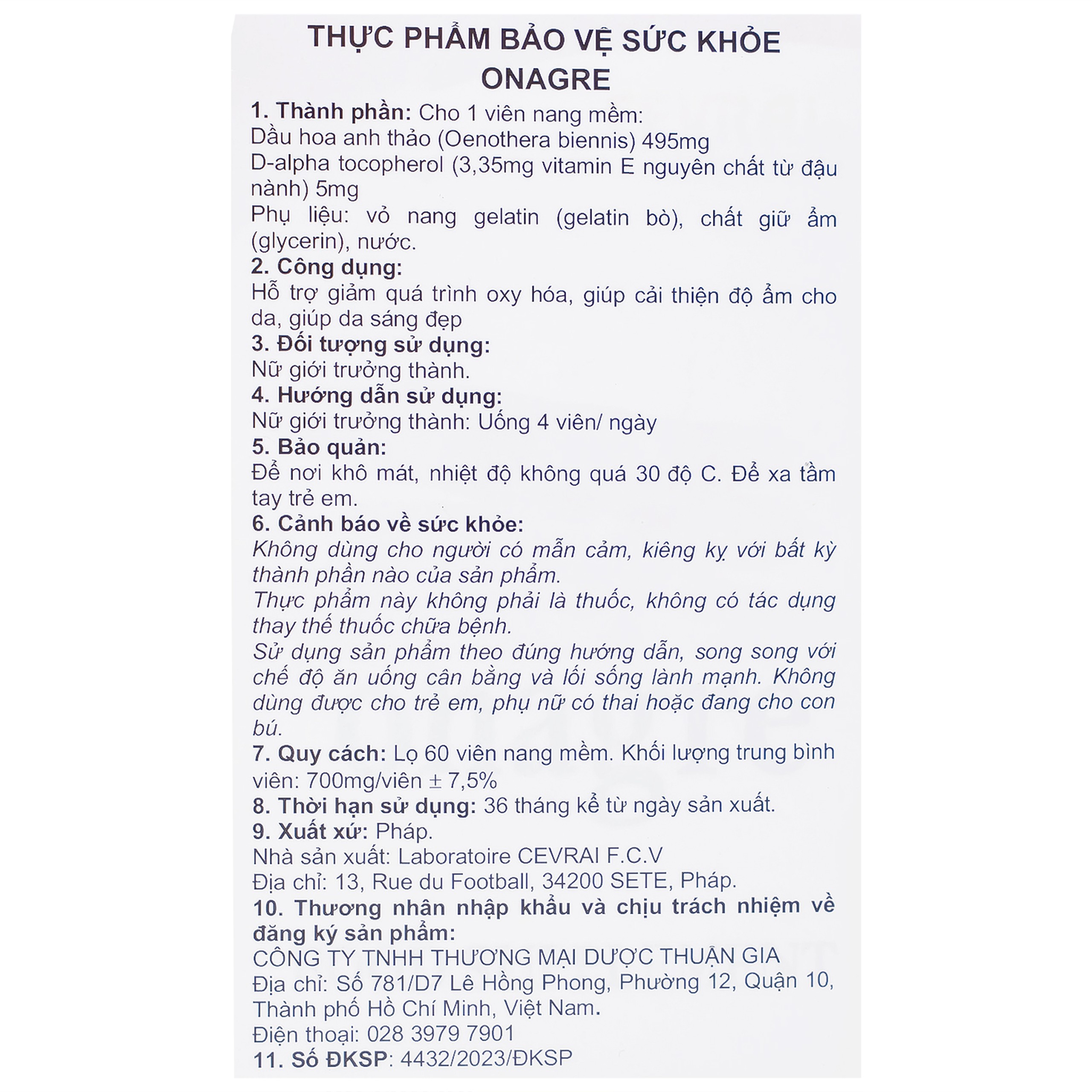 Viên uống giúp da sáng đẹp, giảm quá trình oxy hóa, cải thiện độ ẩm cho da Onagre Cevrai (60 viên)
