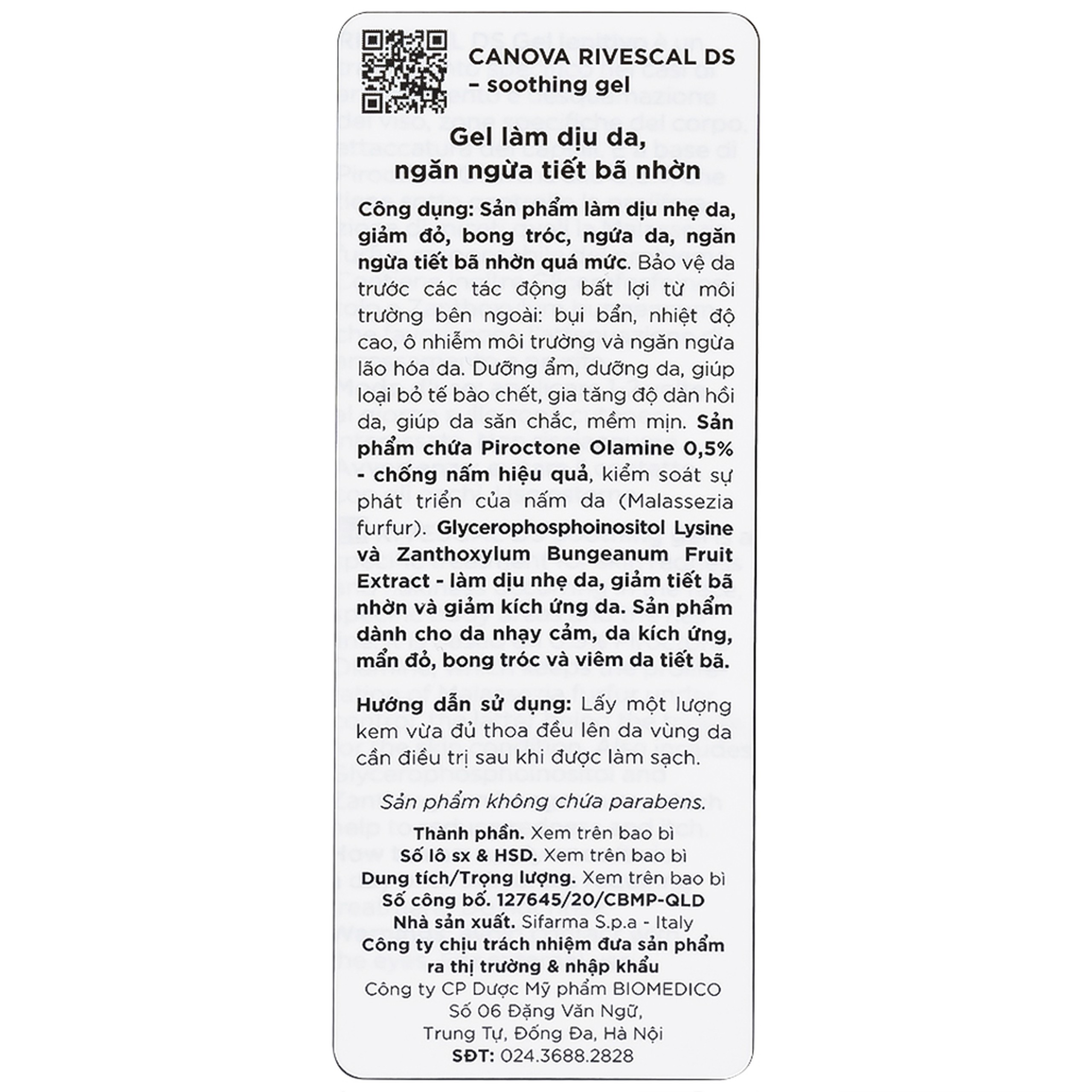 Gel bôi dịu da, ngăn ngừa tiết nhờn Canova Rivescal Ds Soothing Gel Siflarma 50ml