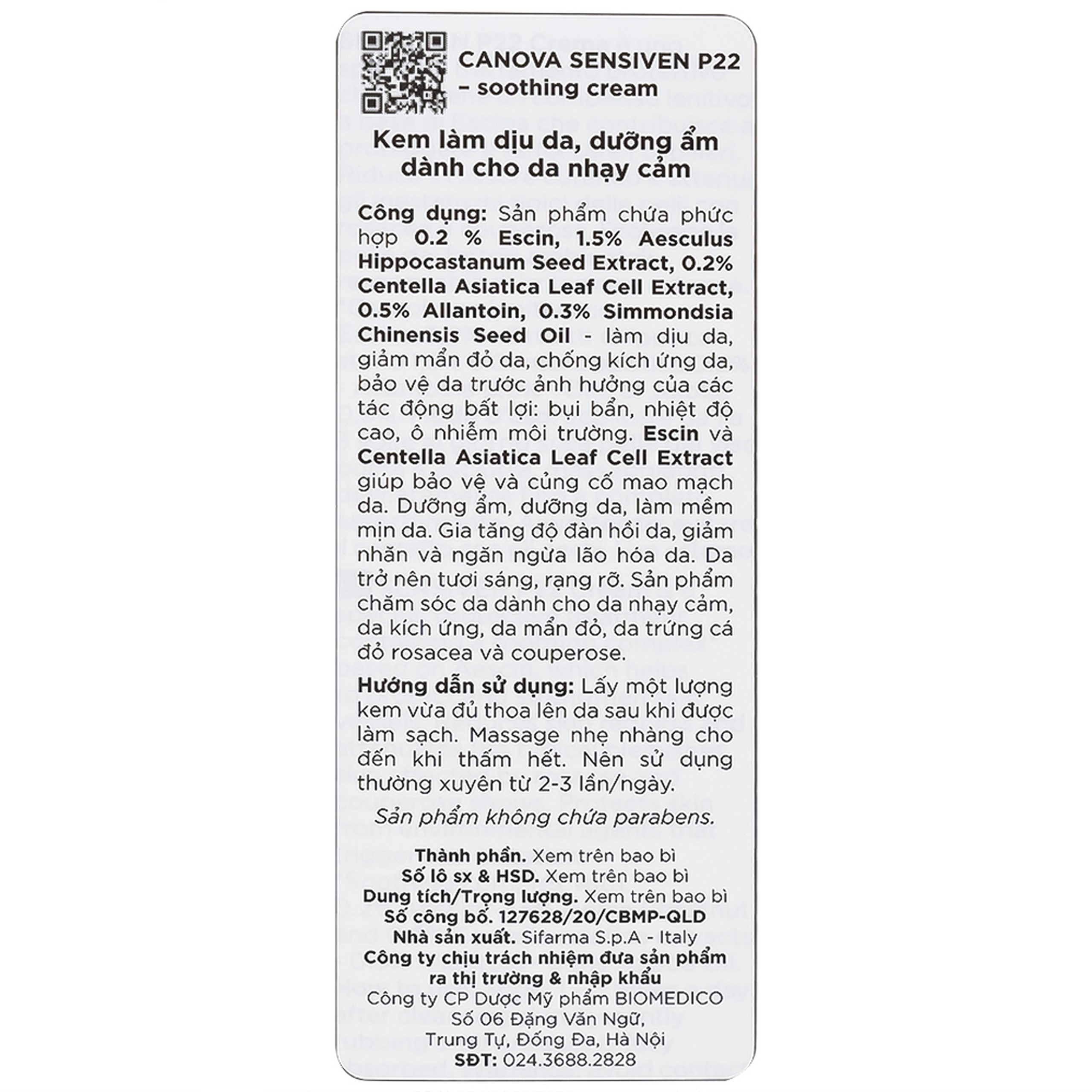 Kem bôi dịu da, dưỡng ẩm Canova Sensiven P22 Soothing Cream Sifarma 50ml