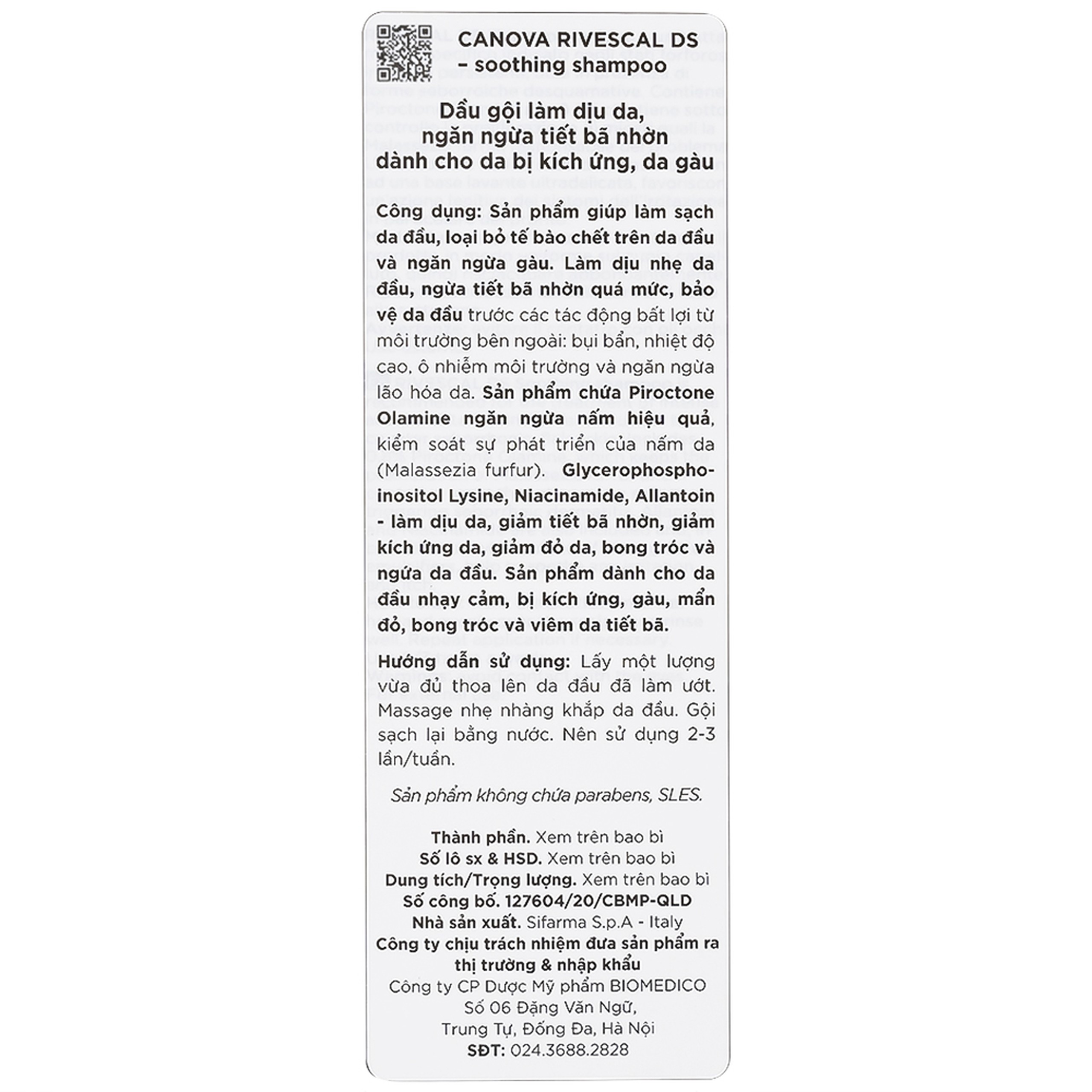 Dầu gội dịu da Canova Rivescal DS Soothing Shampoo ngừa tiết bã nhờn, giảm kích ứng cho da đầu nhạy cảm, gàu (200ml)