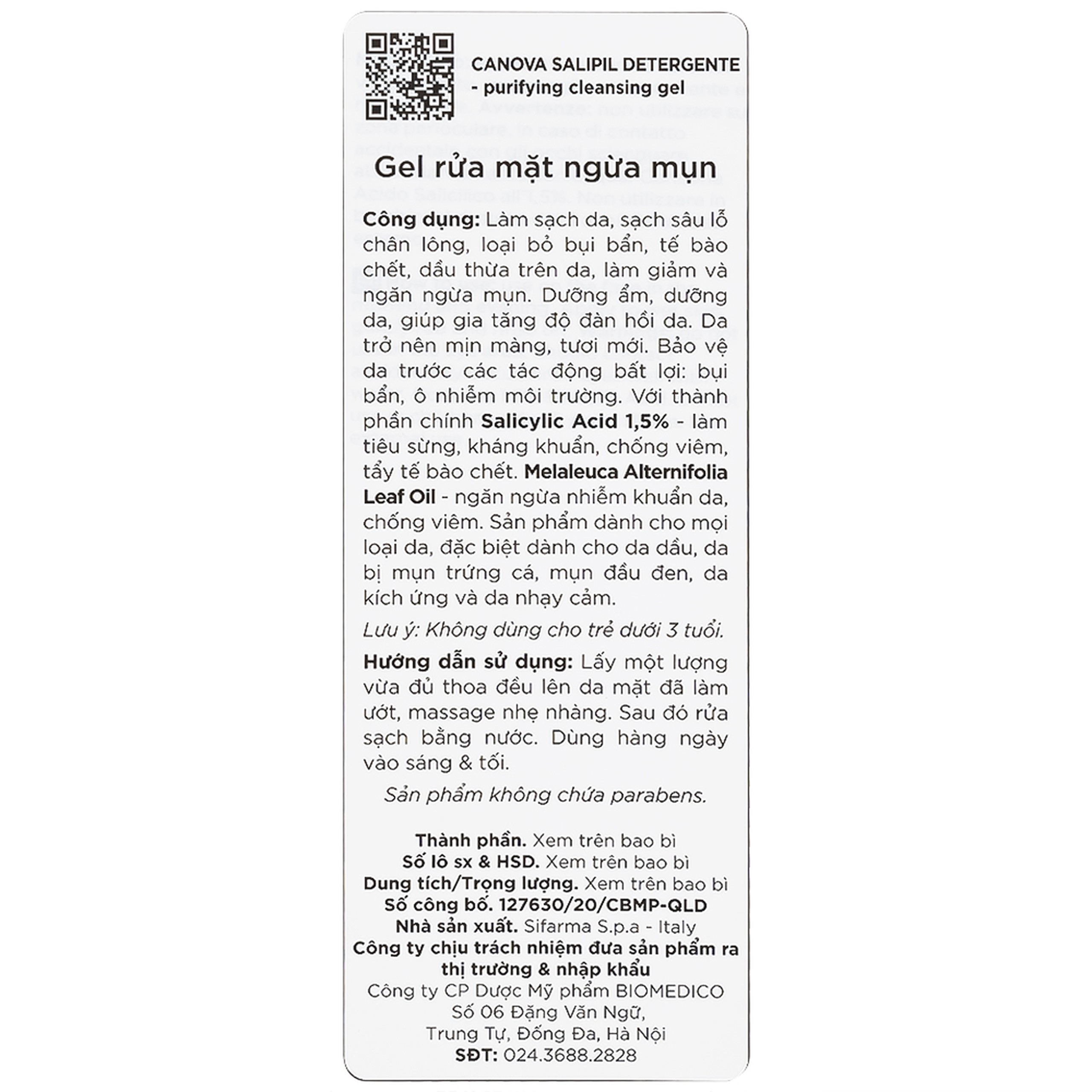 Gel rửa mặt ngừa mụn Canova Salipil Detergente Purifying Cleansing Gel Sifarma 50ml