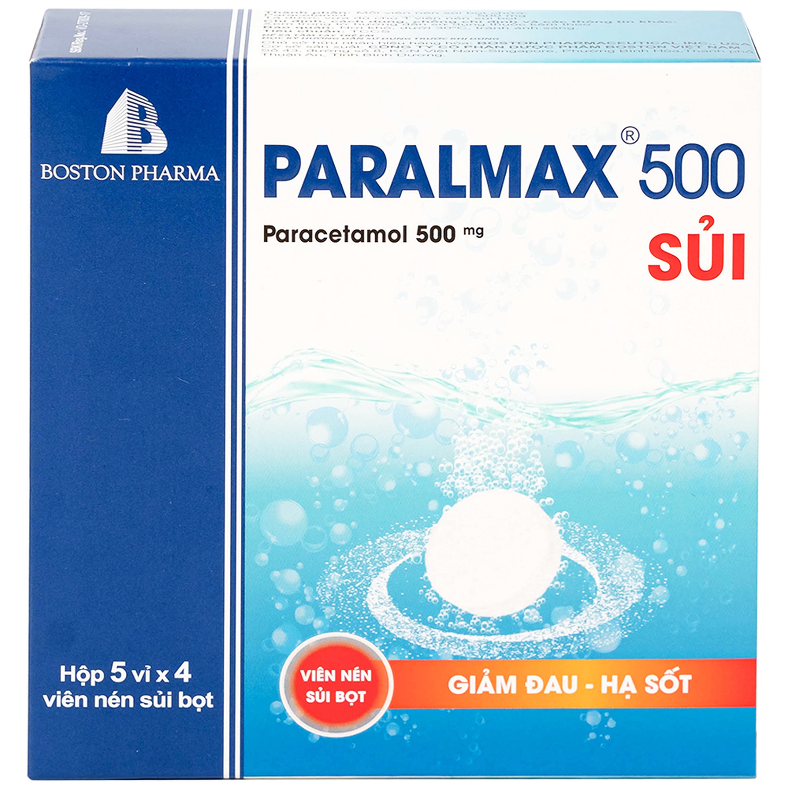 Viên sủi Effer-Paralmax 500 Boston giảm các chứng đau nhẹ đến vừa, đau đầu, đau răng (5 vỉ x 4 viên)