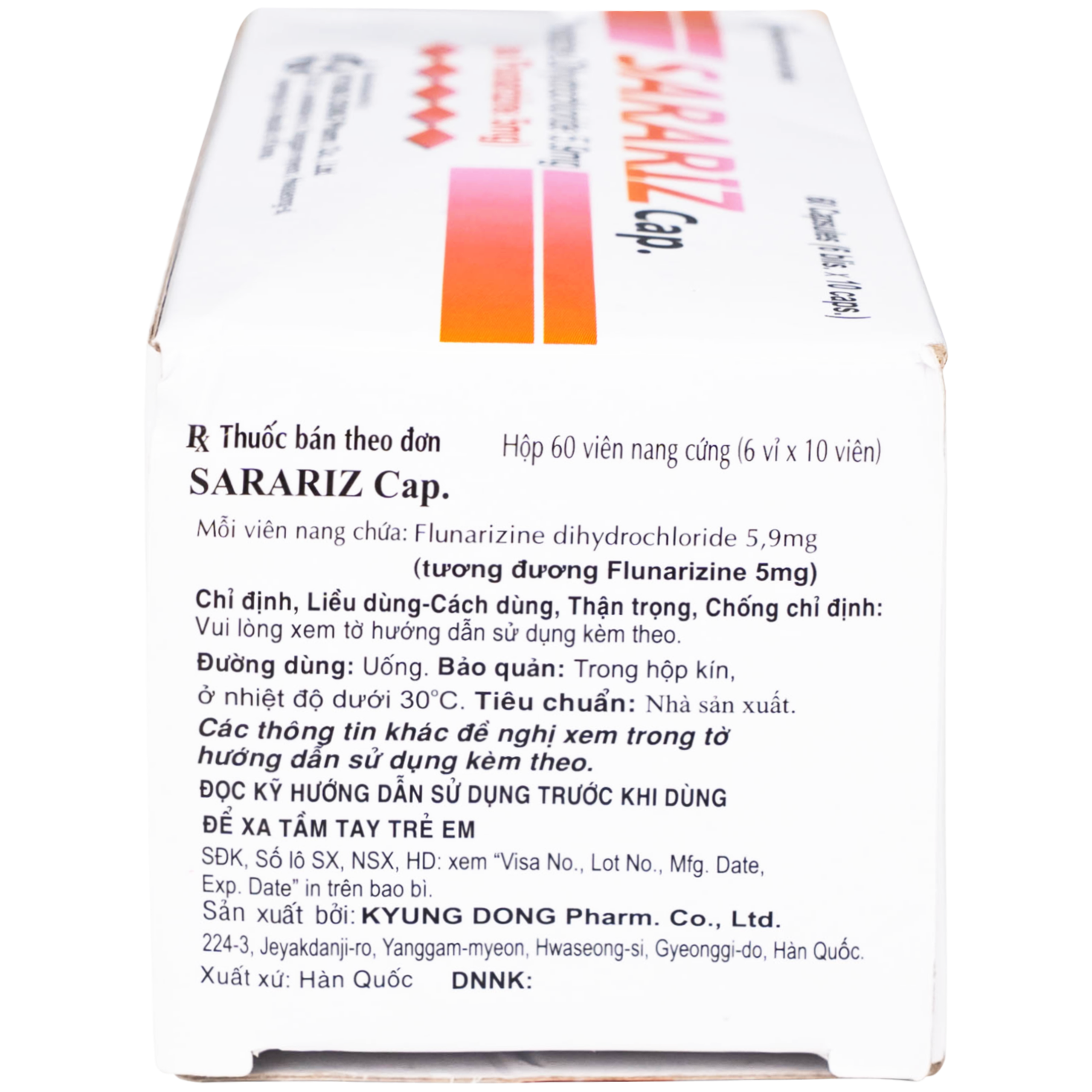 Thuốc Sarariz 5.9mg Kyung Dong điều trị đau nửa đầu, chứng chóng mặt (60 viên)