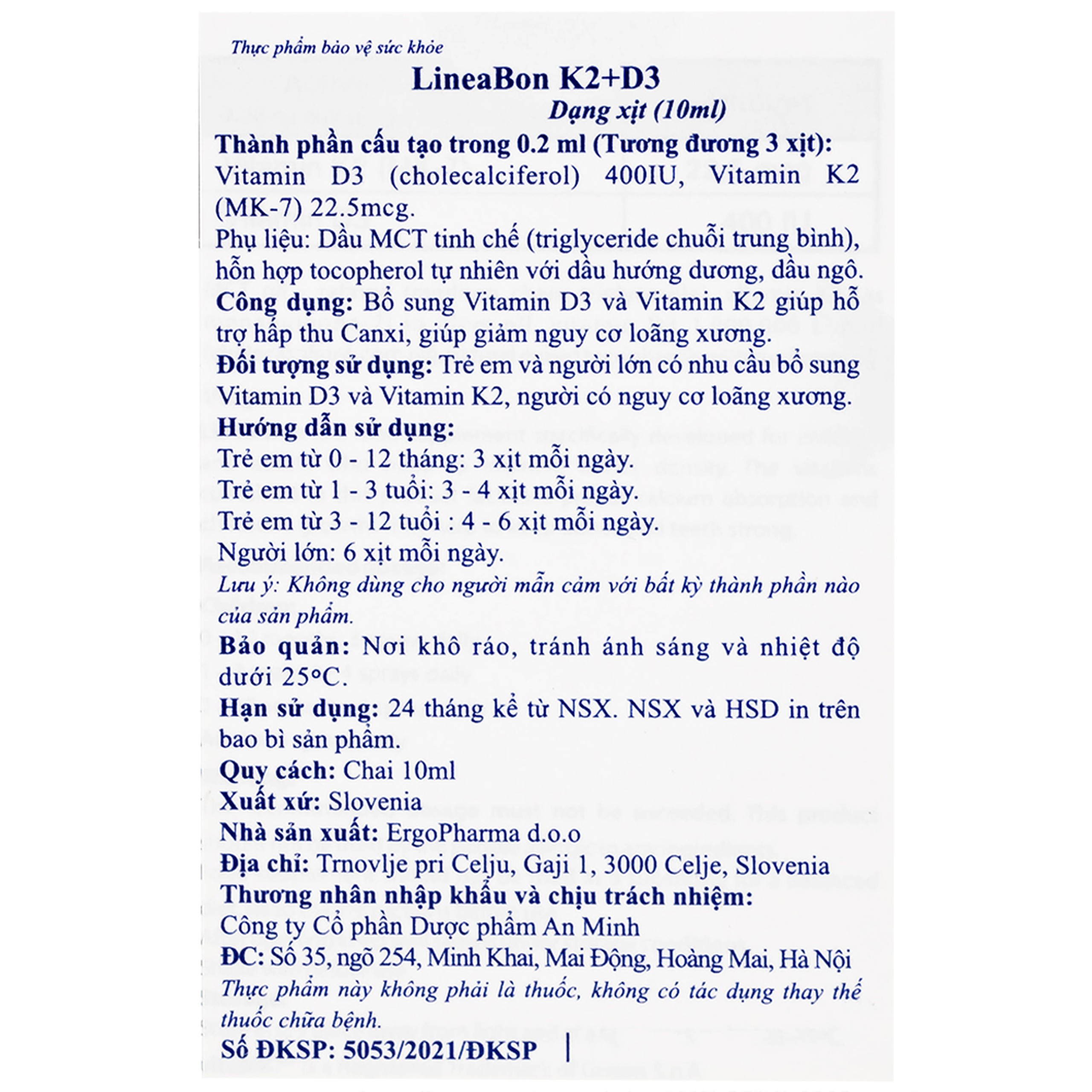 Dung dịch dạng xịt LineaBon K2+D3 10ml bổ sung Vitamin D3 và Vitamin K2, hỗ trợ hấp thu canxi