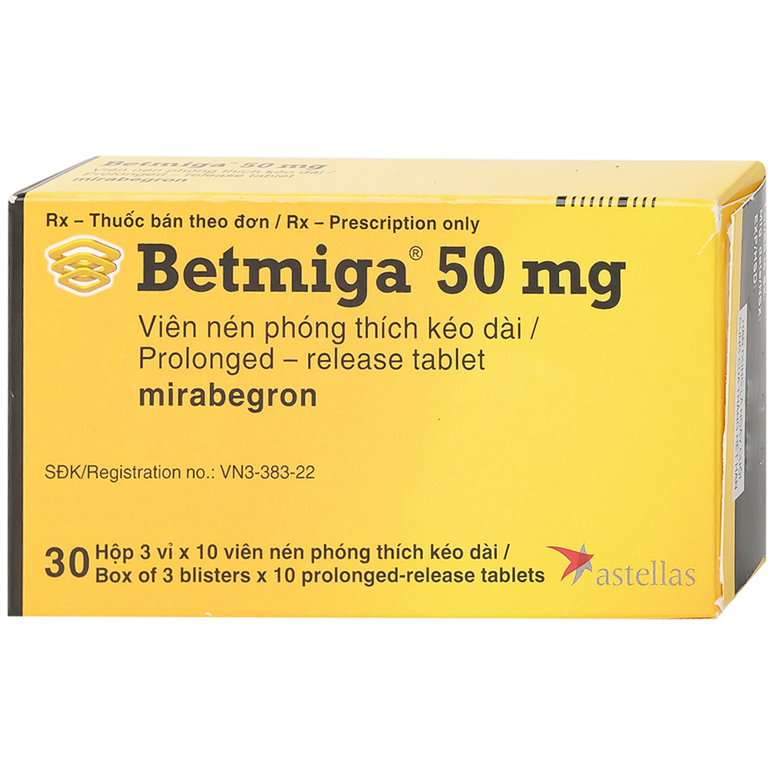 Thuốc Betmiga 50mg Astellas điều trị triệu chứng tiểu gấp (3 vỉ x 10 viên)