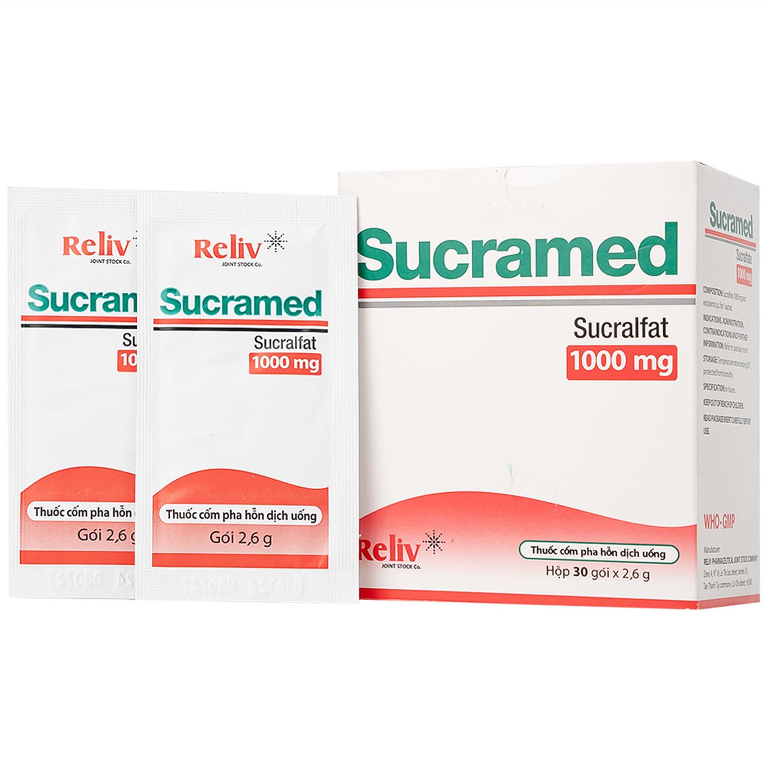 Thuốc cốm pha hỗn dịch uống Sucramed Sucralfat 1000mg Reliv điều trị loét dạ dày và tá tràng (30 gói)