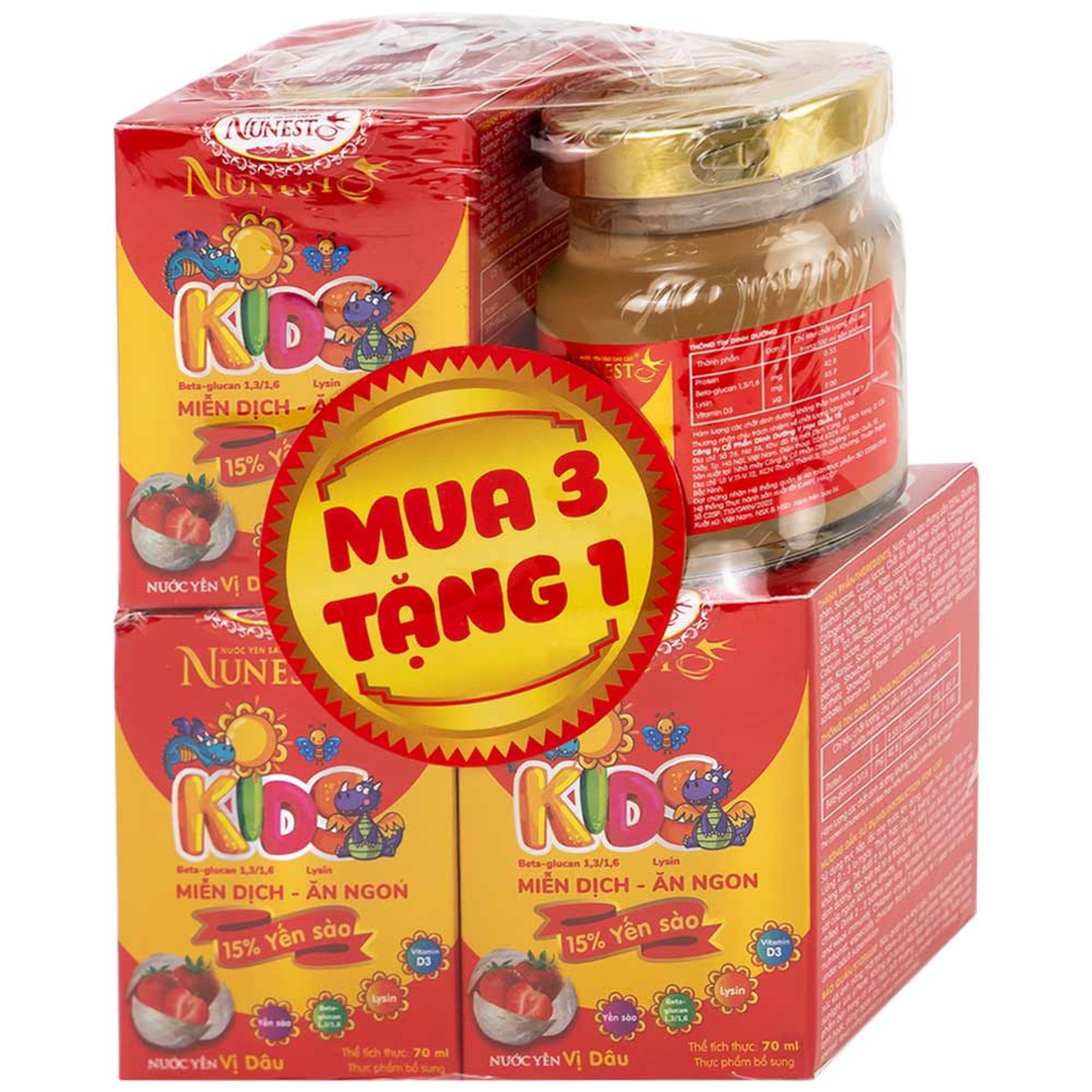 Nước Yến Sào Cao Cấp Cho Trẻ Em Nunest Kid Vị Dâu Lốc 3+1 (70ml)