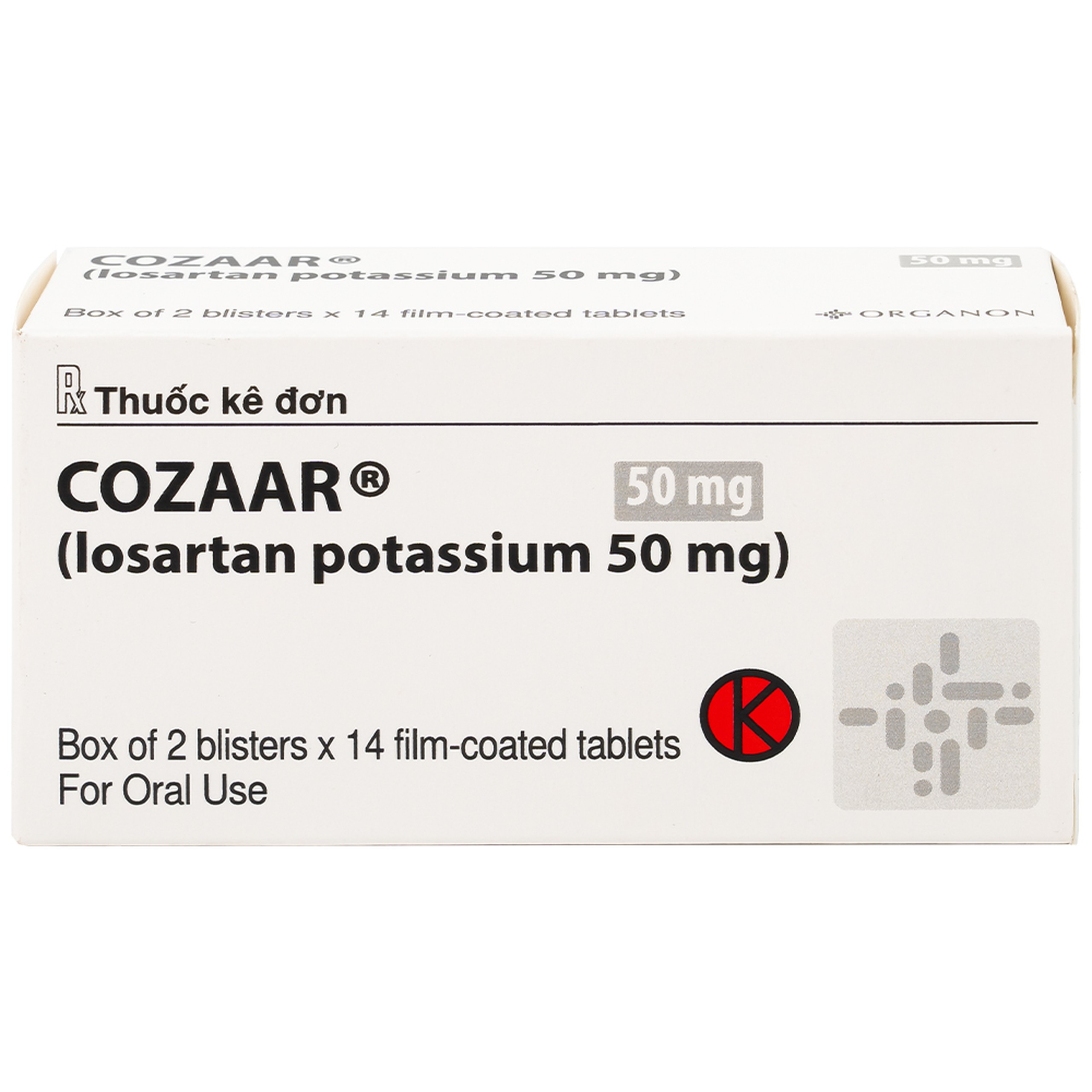 Thuốc Cozaar 50mg Organon điều trị tăng huyết áp và bảo vệ thận từ tổn thương do bệnh tiểu đường (2 vỉ x 14 viên)