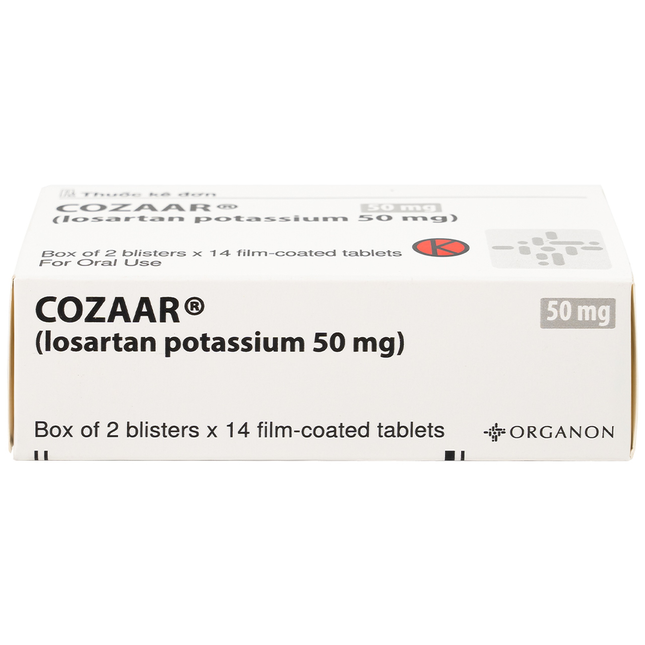 Thuốc Cozaar 50mg Organon điều trị tăng huyết áp và bảo vệ thận từ tổn thương do bệnh tiểu đường (2 vỉ x 14 viên)
