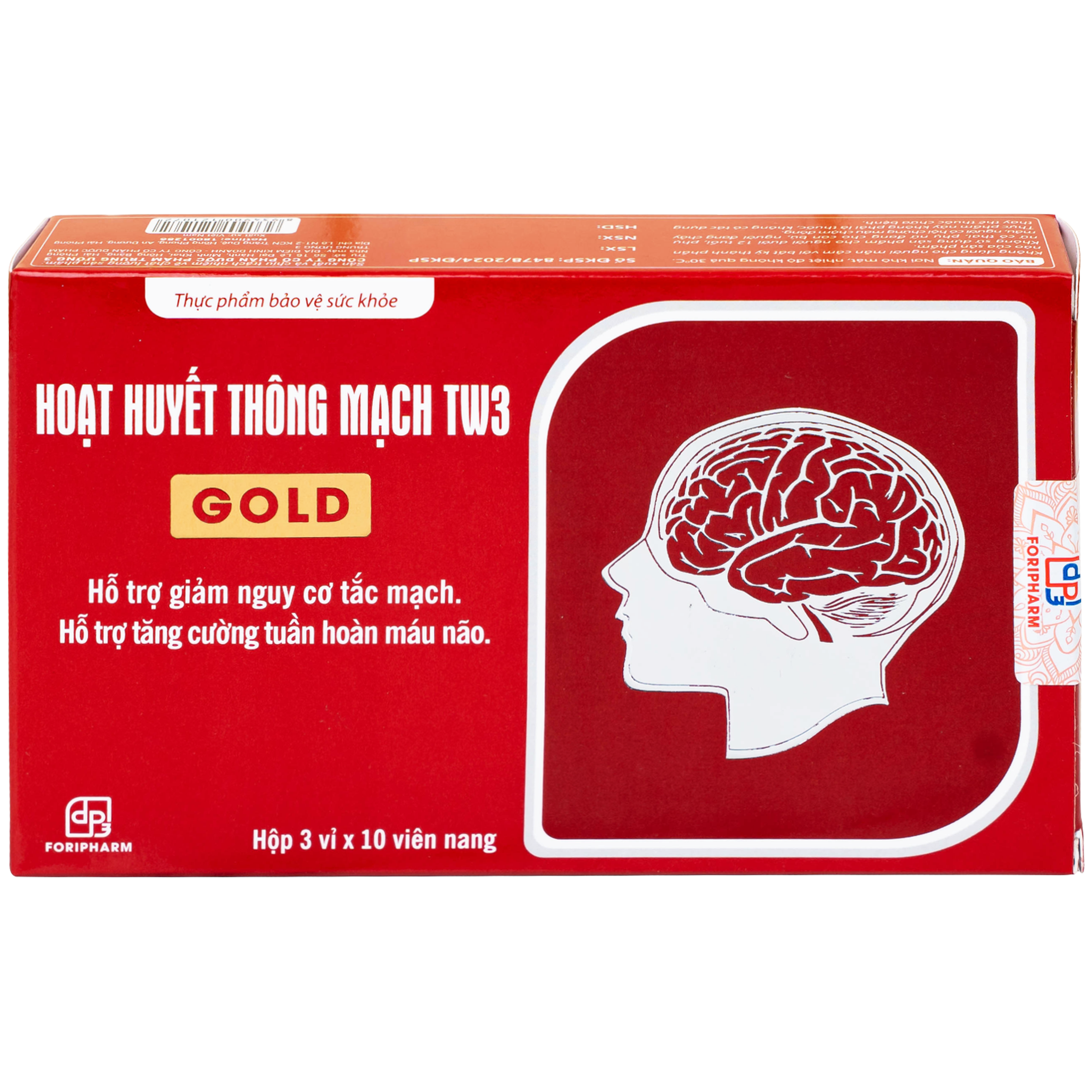 Thực phẩm bảo vệ sức khoẻ Hoạt Huyết Thông Mạch Gold TW3 Foripharm hỗ trợ giảm nguy cơ tắc mạch (3 vỉ x 10 viên)