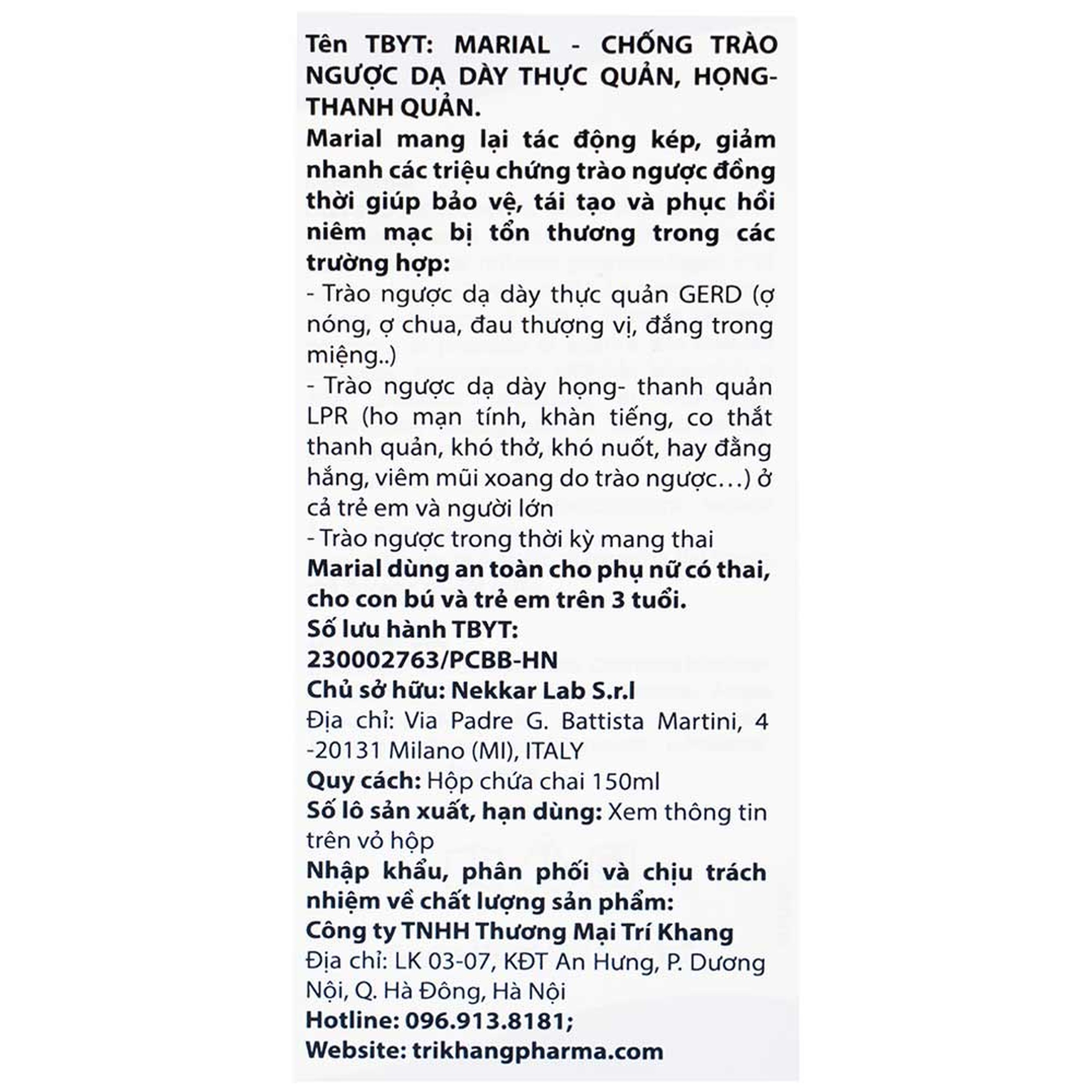 Marial Gel 150ml chống trào ngược dạ dày thực quản, ợ chua, khó tiêu, bảo vệ và tái tạo phục hồi niêm mạc họng