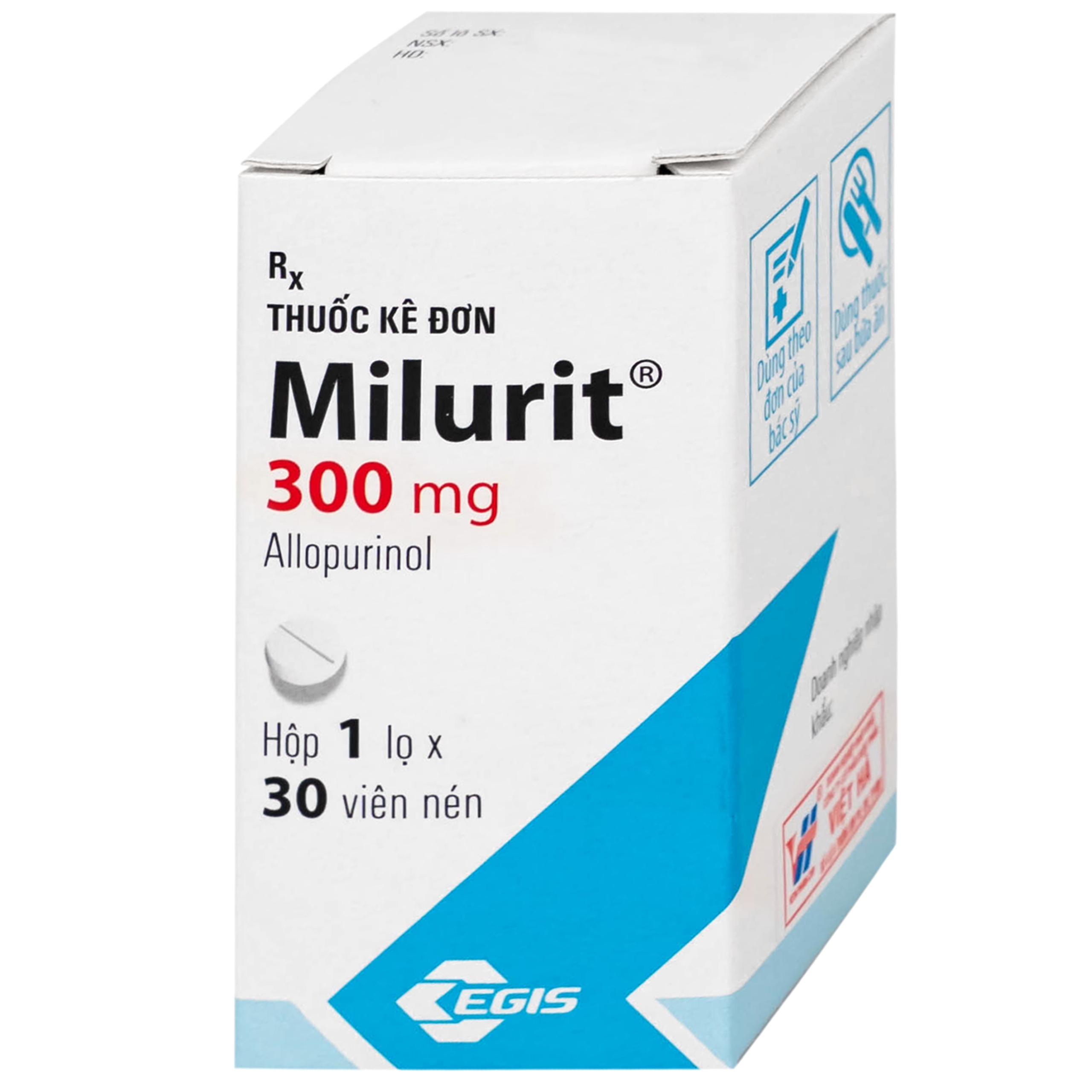 Viên nén Milurit 300mg Egis Pharma điều trị bệnh gout, phòng ngừa bệnh sỏi axit uric (30 viên)