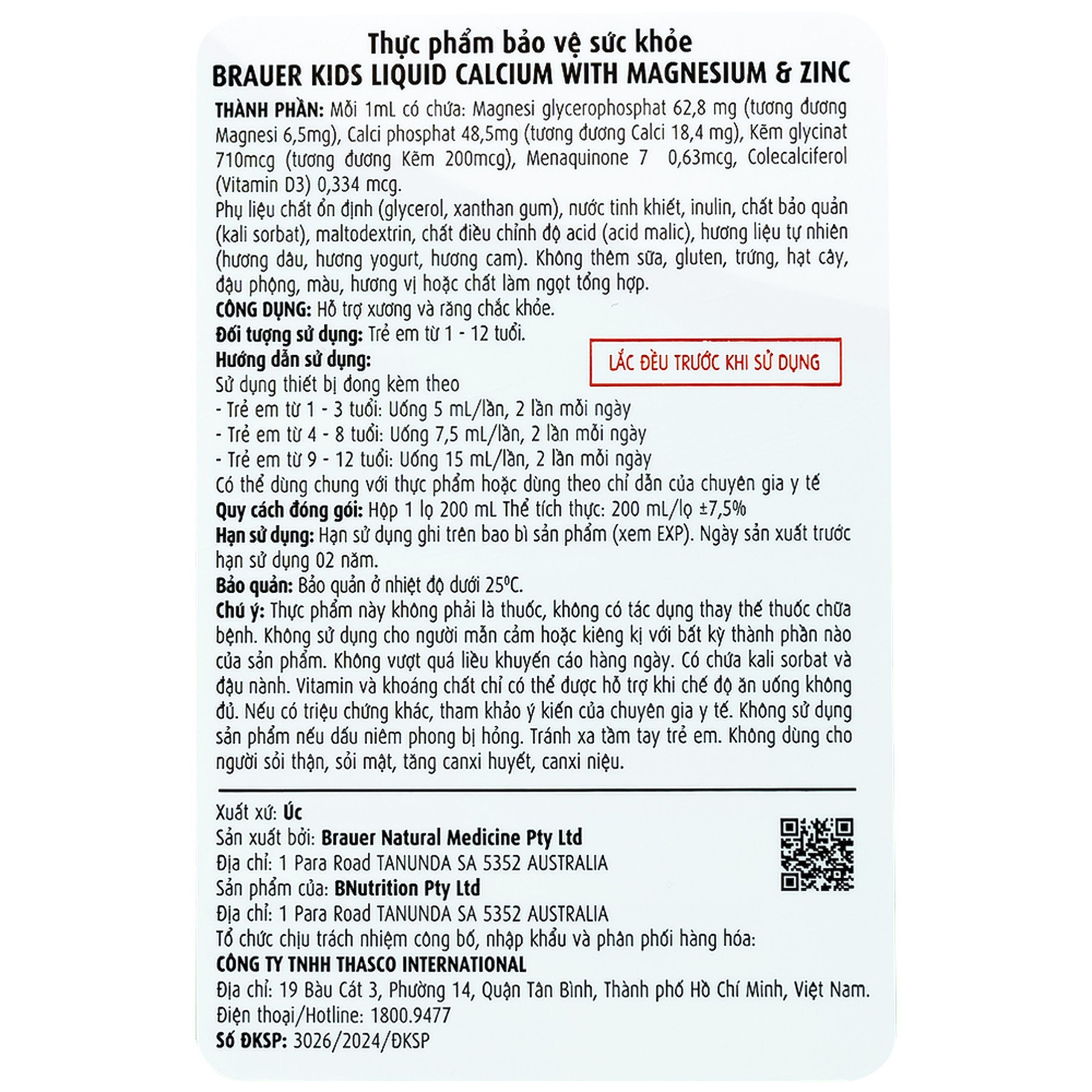 Siro hỗ trợ xương răng phát triển chắc khỏe cho bé Kids Liquid Calcium with Magnesium And Zinc (200ml)