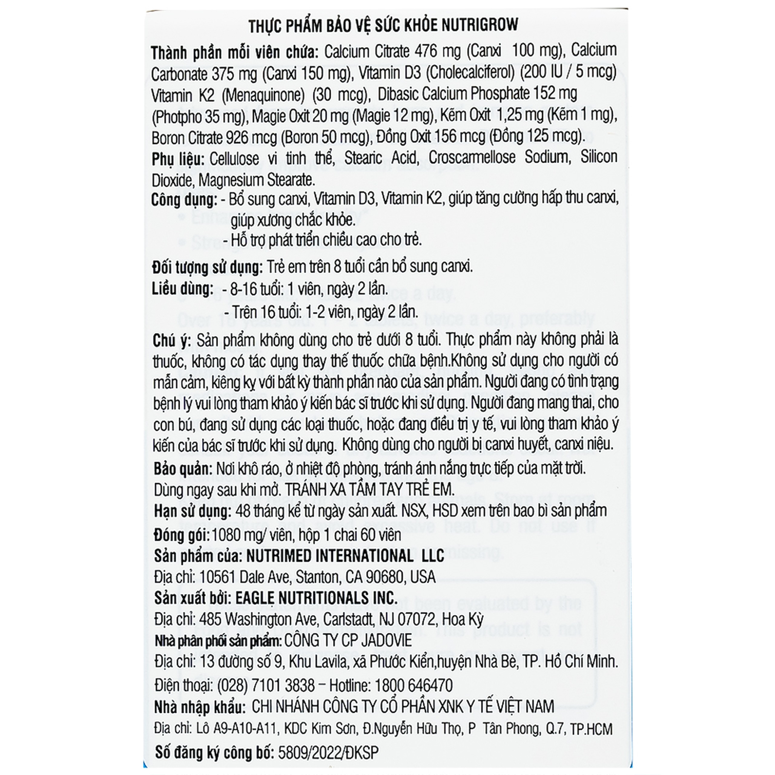 Viên uống bổ sung canxi, giúp tăng chiều cao cho trẻ NutriGrow Nutrimed (60 viên)