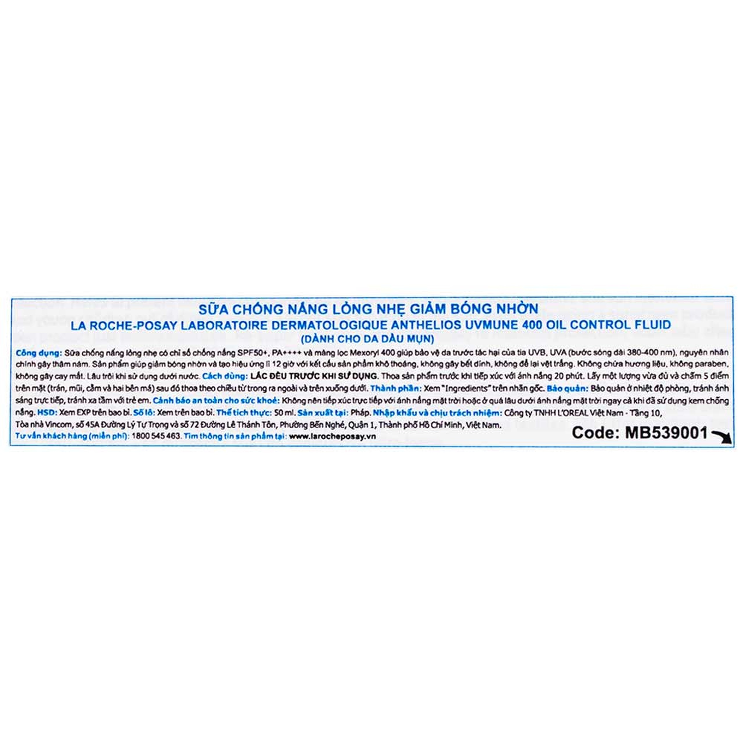 Kem chống nắng La Roche-Posay Anthelios UVMune 400 Oil Control Fluid SPF50+ PA++++ dành cho da dầu mụn (50ml)