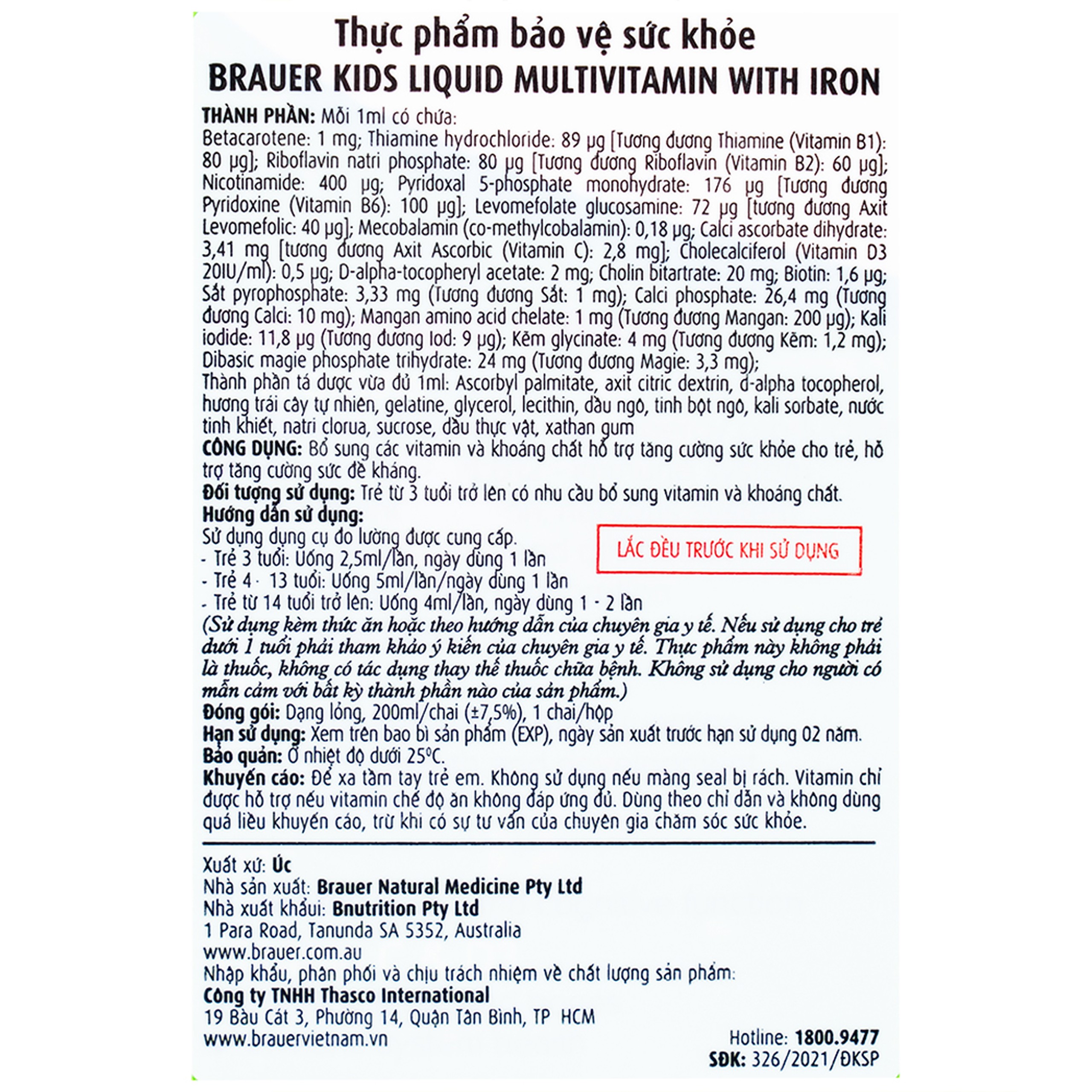 Siro Brauer Kids Liquid Multivitamin with Iron bổ sung vitamin và khoáng chất cho trẻ (200ml)