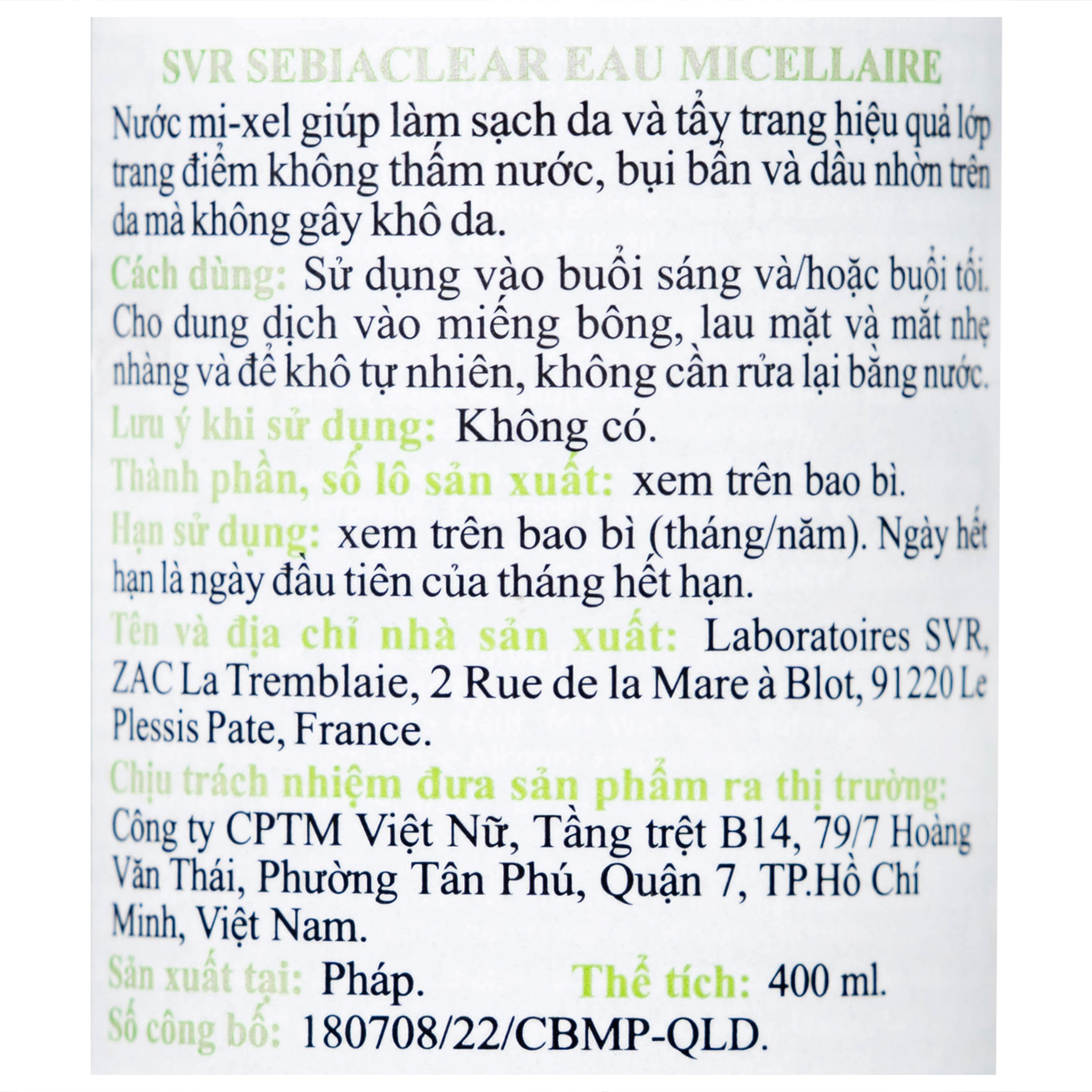 Nước tẩy trang SVR Eau Micellaire Sebiaclear 400ml làm sạch da và tẩy trang lớp trang điểm dành cho da dầu mụn