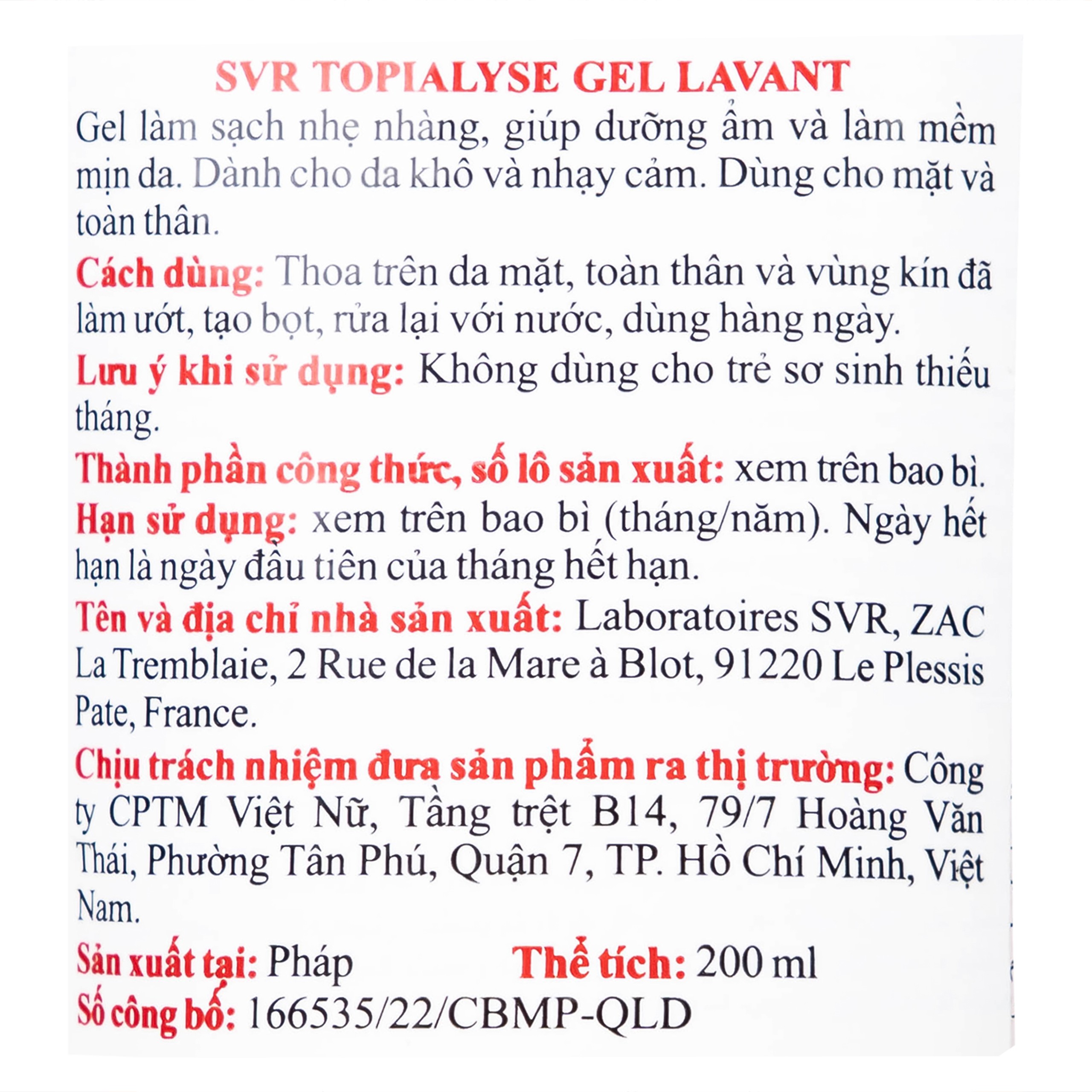 Gel rửa mặt dưỡng ẩm dành cho da khô và da nhạy cảm SVR Topialyse Gel Lavant 200ml