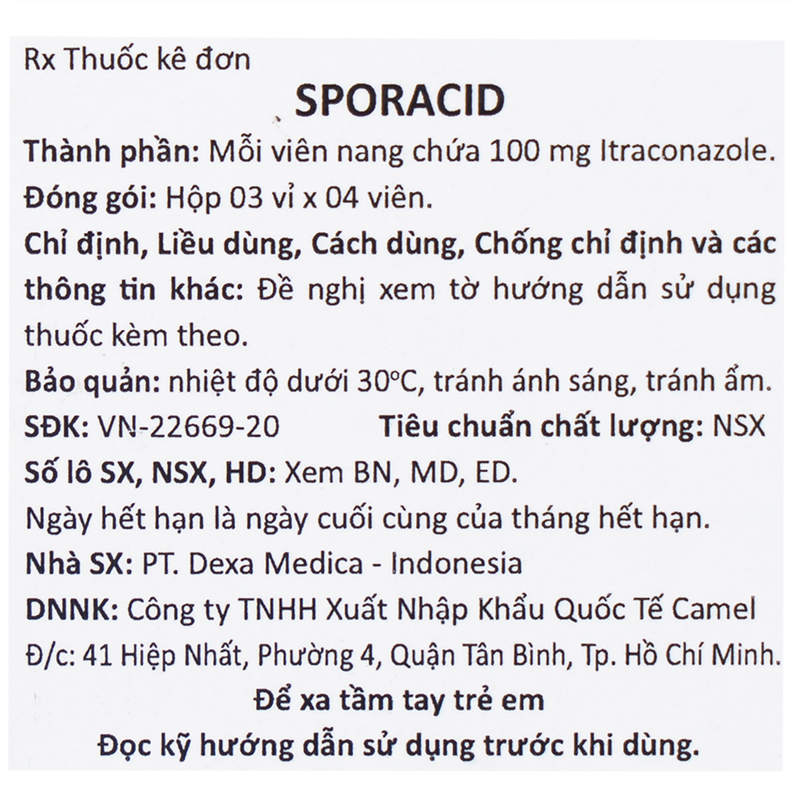 Thuốc Sporacid Itraconazole 100mg Dexa điều trị nấm candida âm hộ, âm đạo (3 vỉ x 4 viên)
