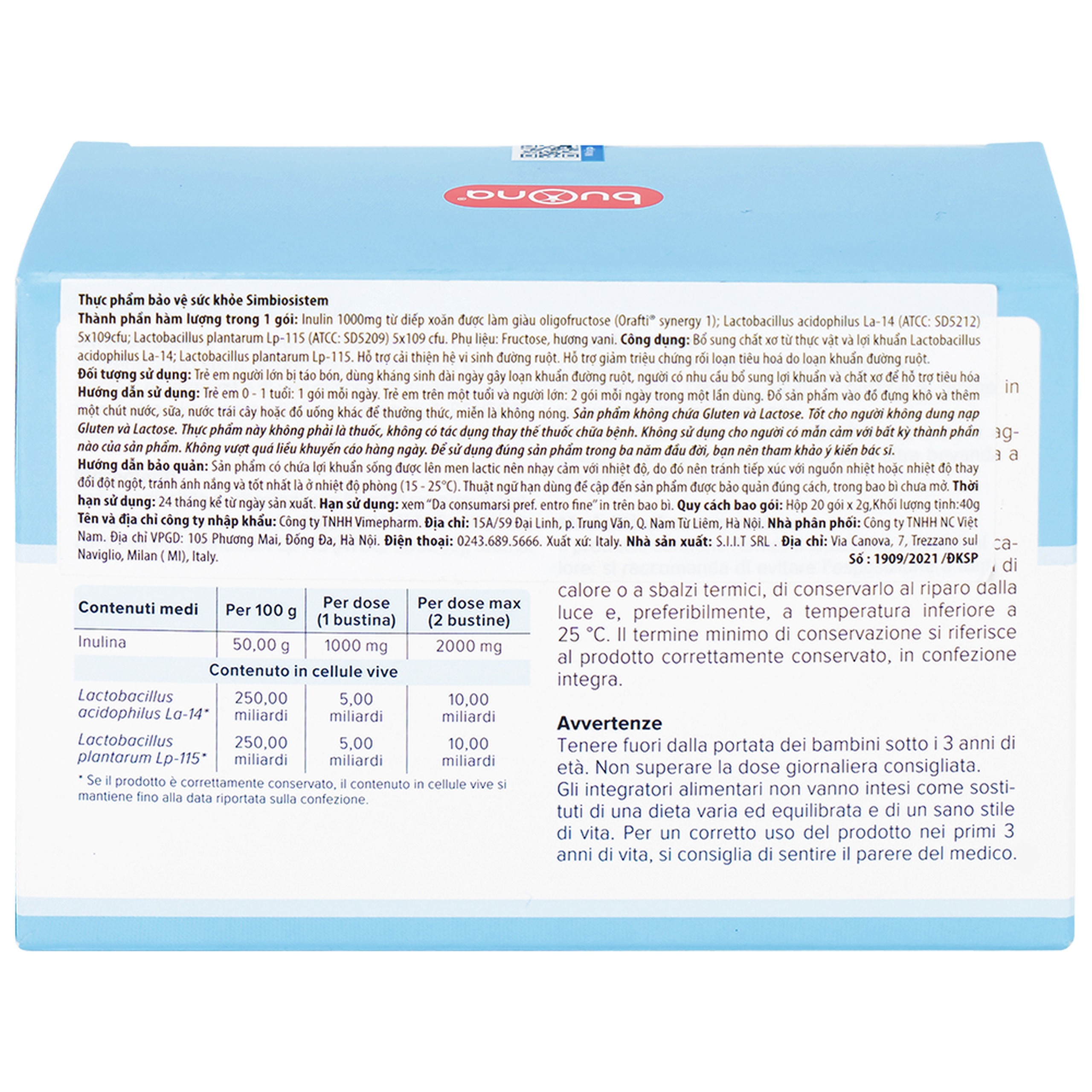 Bổ sung chất xơ và lợi khuẩn Bouna Simbiosistem Bustine (20 gói)