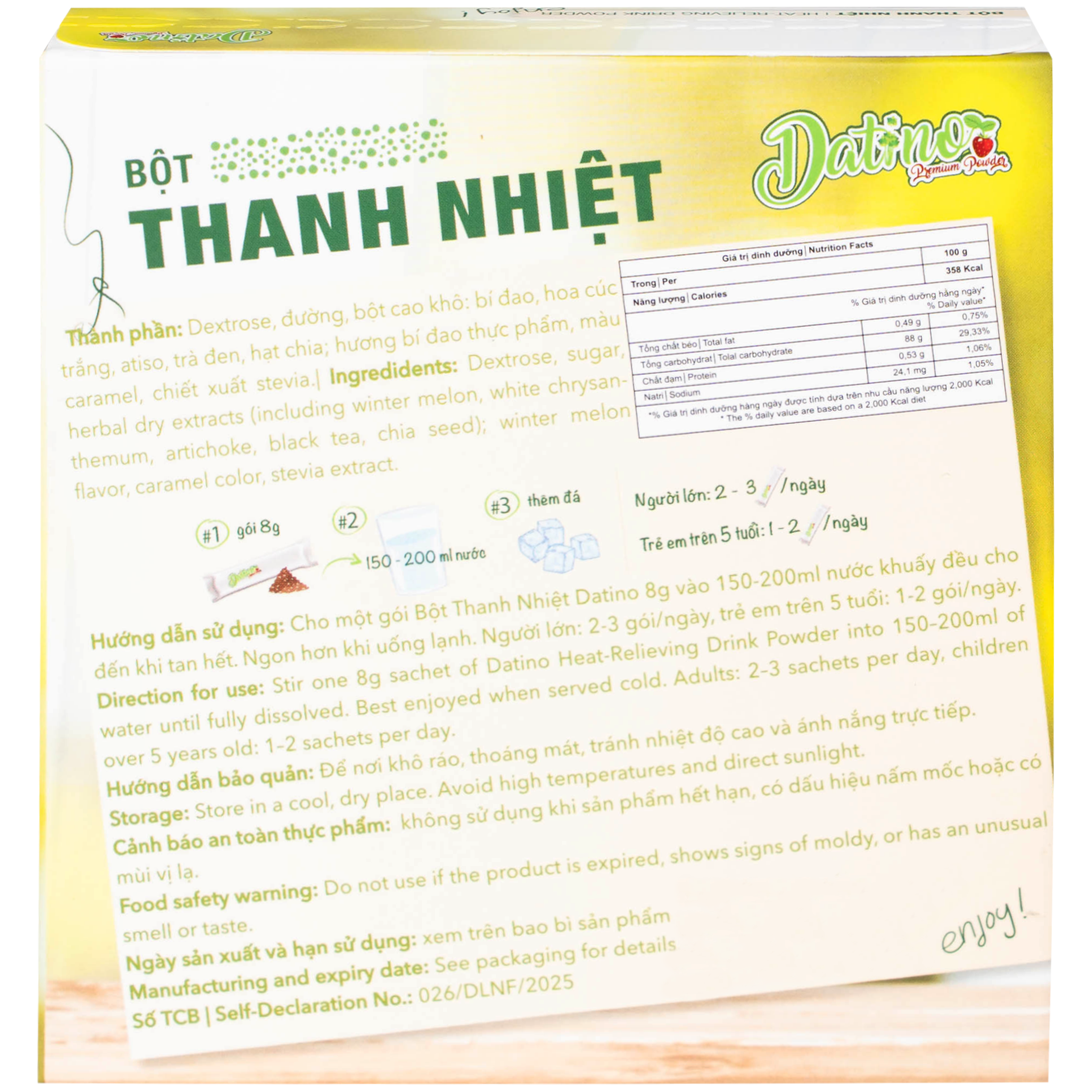 Bột Thanh Nhiệt Datino Heat-Relieving Drink Powder (10 gói x 8g)