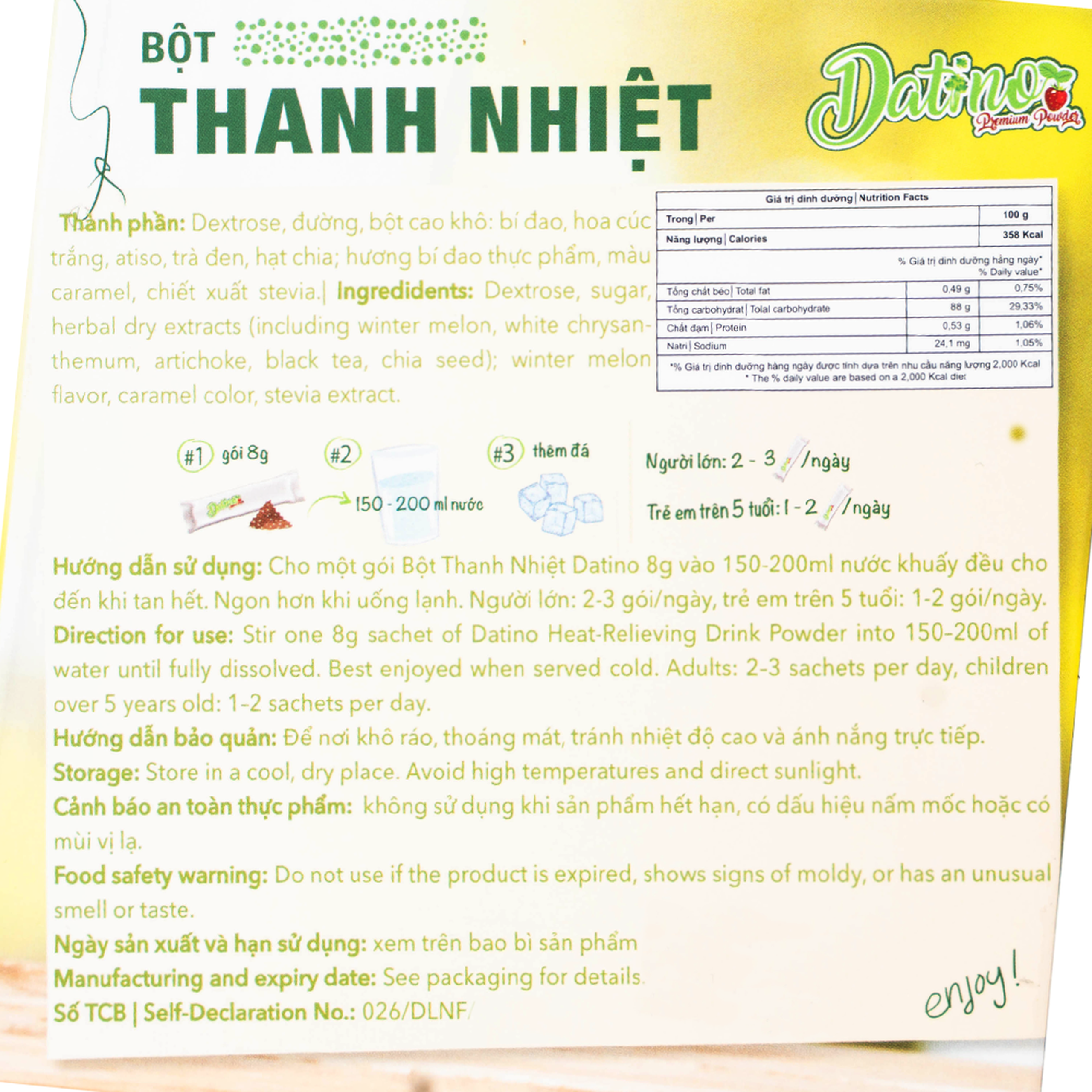 Bột Thanh Nhiệt Datino Heat-Relieving Drink Powder (10 gói x 8g)