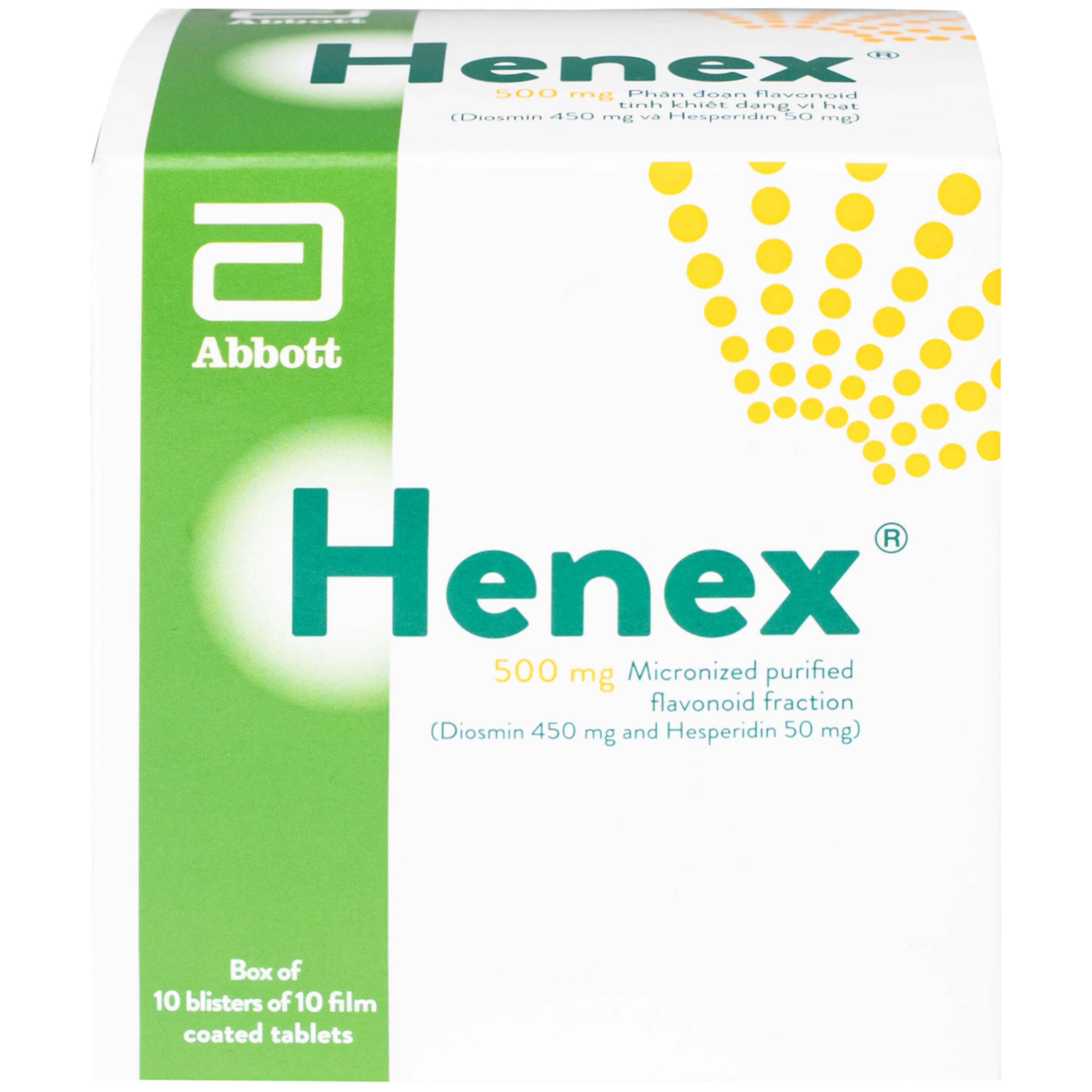 Thuốc Henex 500mg Abbott điều trị suy tĩnh mạch - mạch bạch huyết, cơn trĩ cấp (10 vỉ x 10 viên)