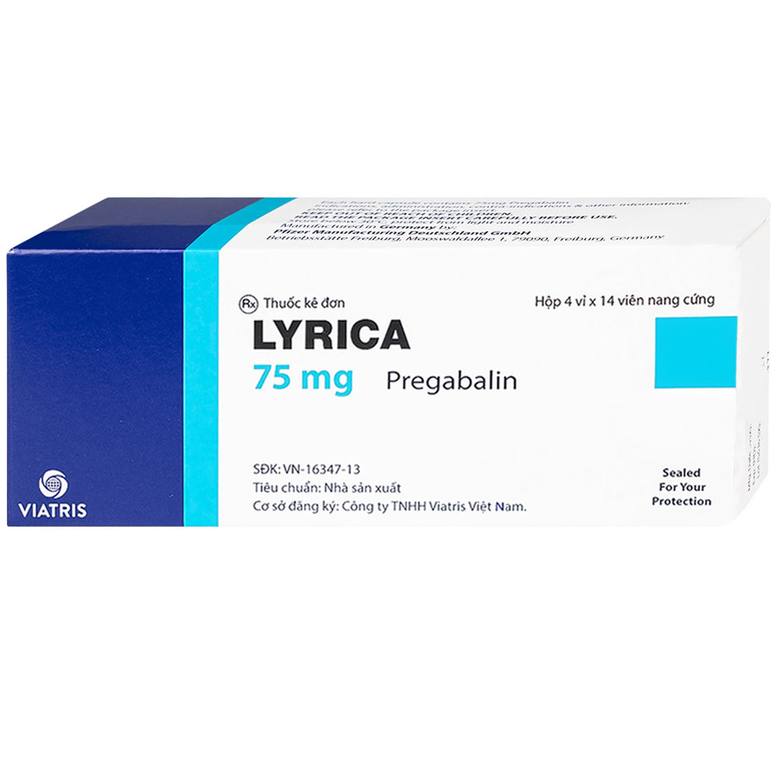 Viên nang cứng Lyrica 75mg Viatris điều trị đau thần kinh, động kinh cục bộ (4 vỉ x 14 viên) 