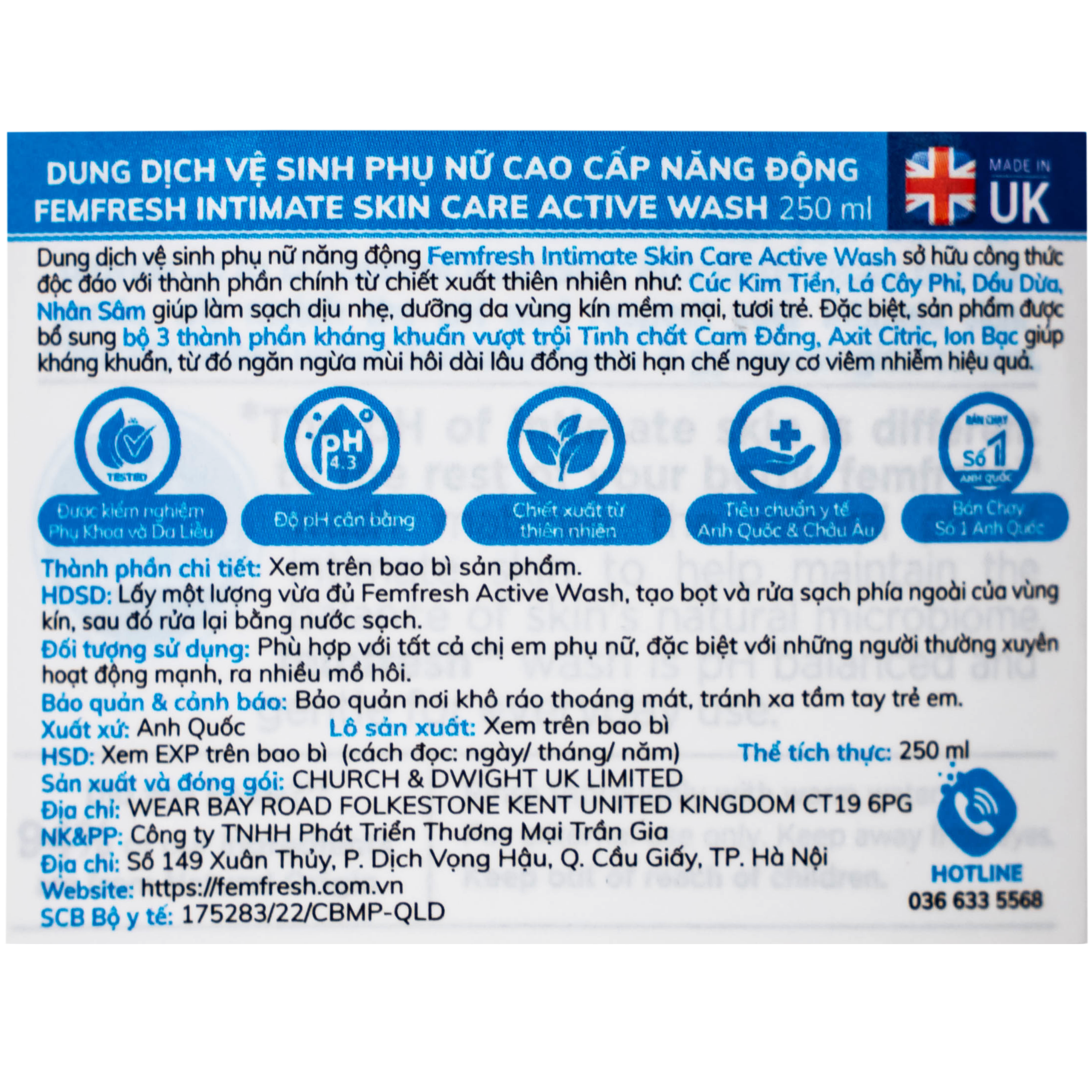 Dung dịch vệ sinh phụ nữ Femfresh Intimate Skin Care Active Wash làm sạch, khử mùi (250ml)