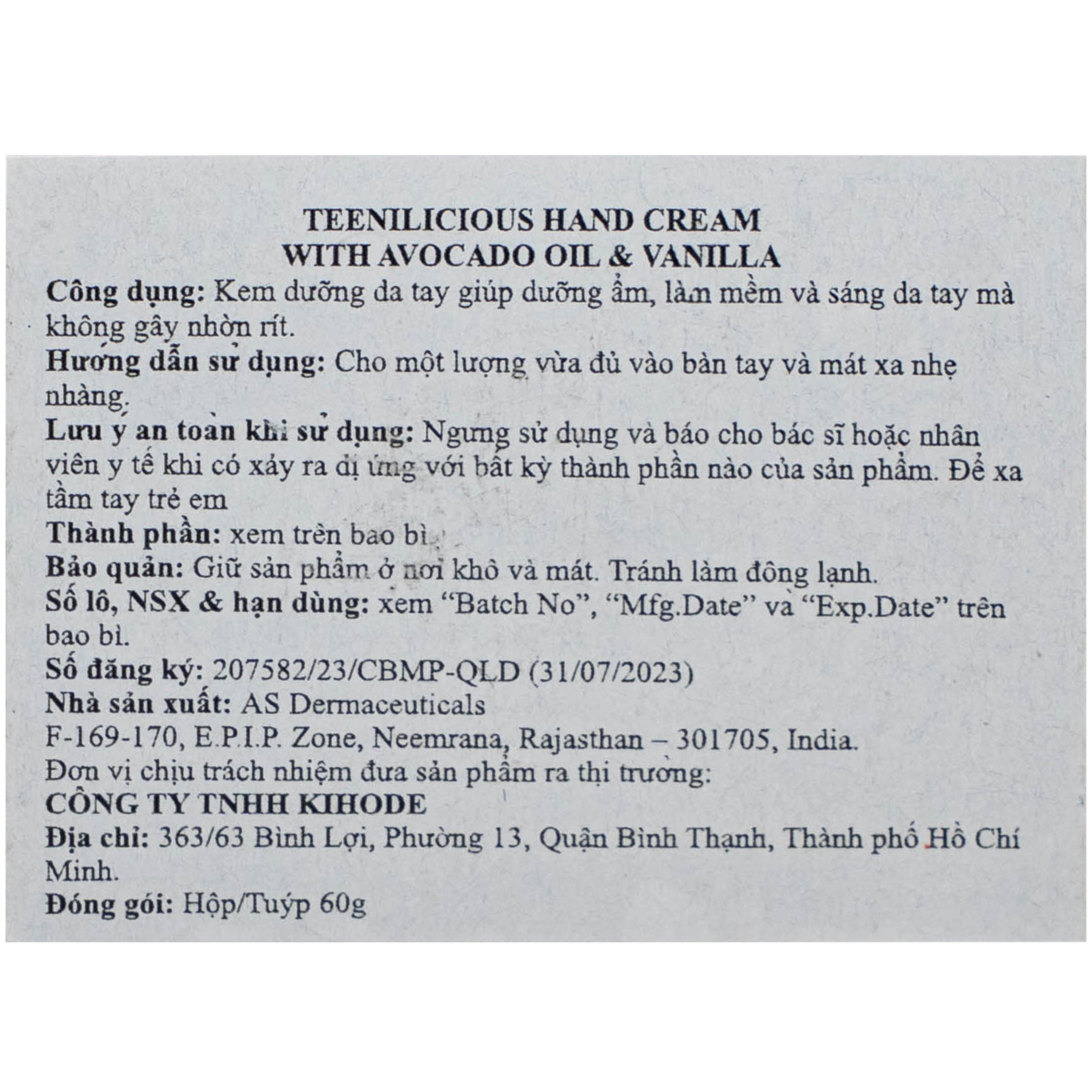 Kem dưỡng da tay hương bơ và hạt vani Teenilicious hộp 60g