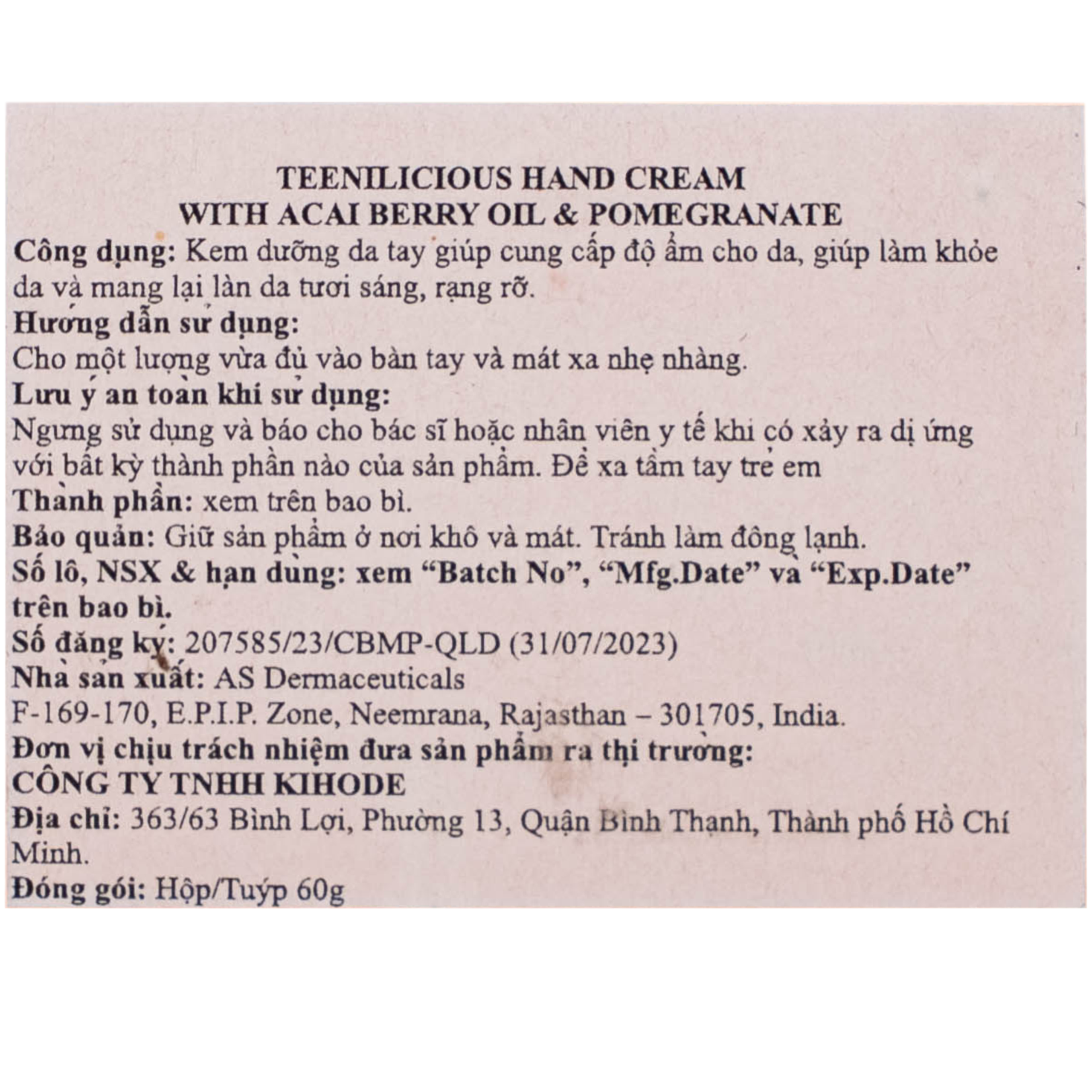 Kem dưỡng da tay hương lựu và acai Teenilicious hộp 60g