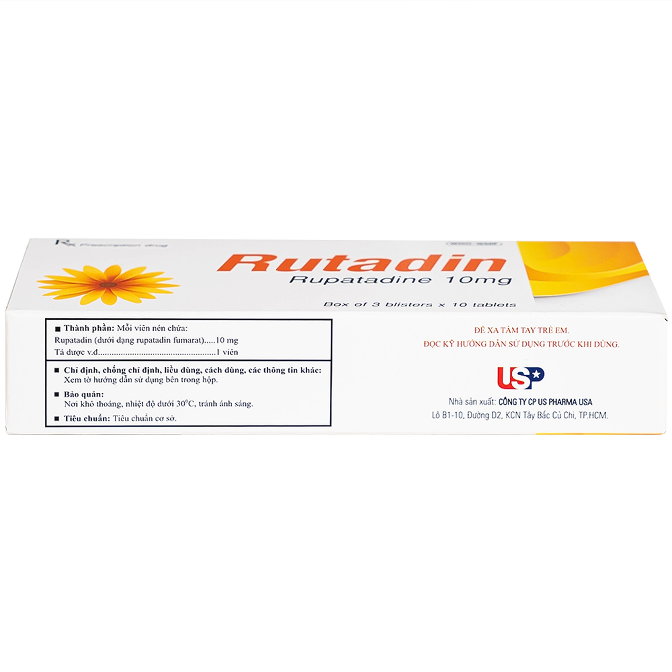Thuốc Rutadin 10mg pharma usa điều trị triệu chứng của viêm mũi dị ứng và nổi mề đay (3 vỉ x 10 viên)
