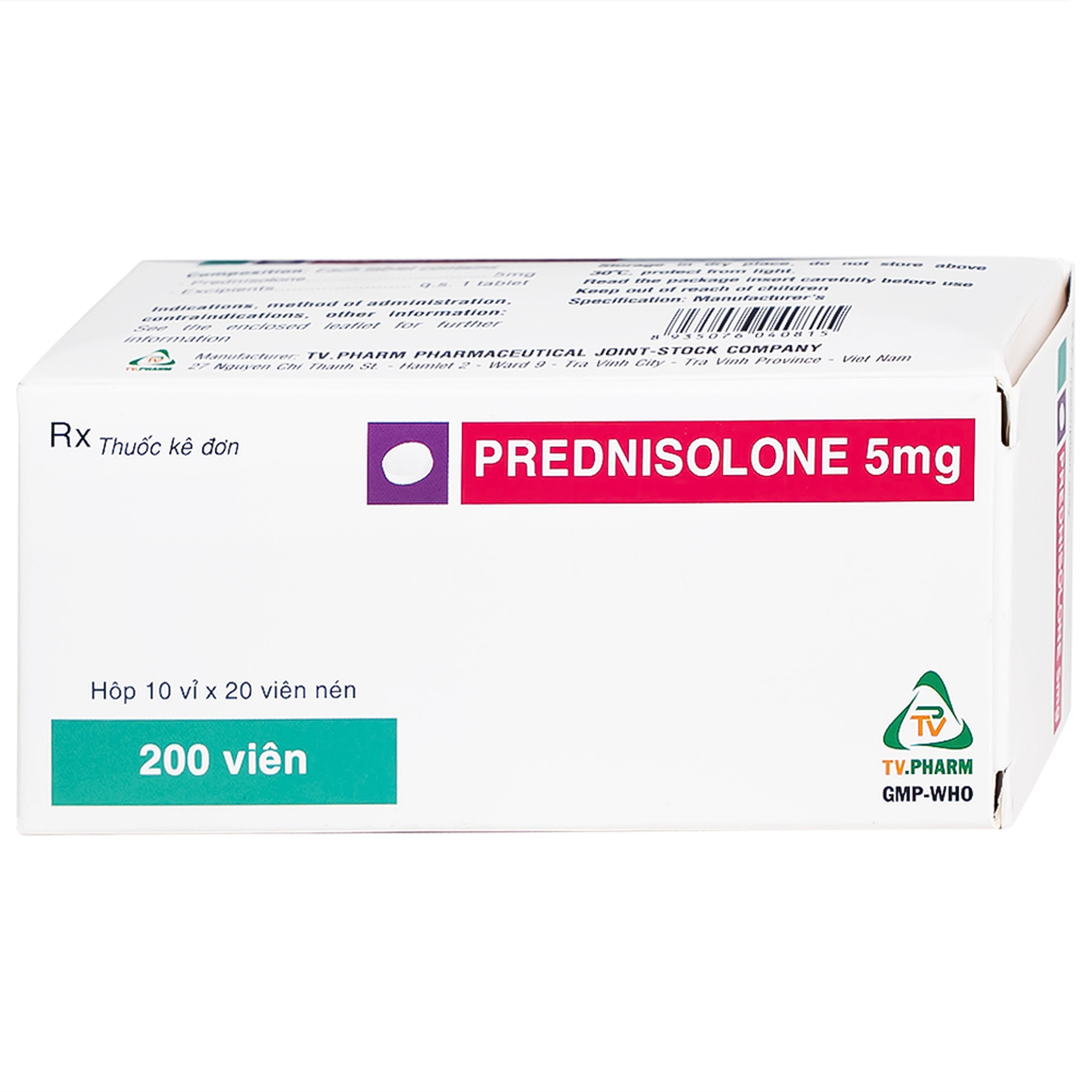 Thuốc Prednisolone 5mg TV.Pharm chống viêm, chống dị ứng và ức chế miễn dịch (10 vỉ x 20 viên)