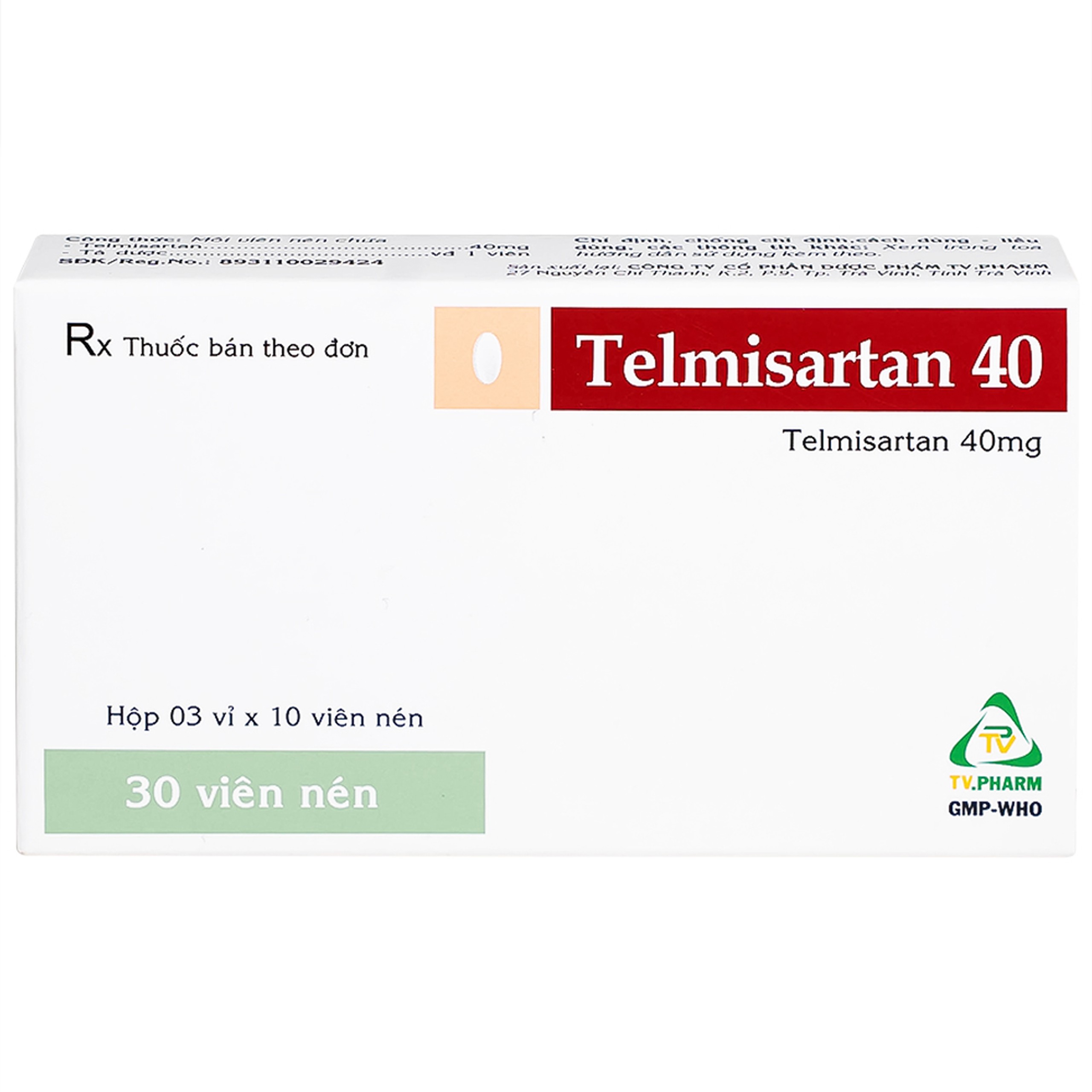 Thuốc Telmisartan 40 TV.Pharm điều trị tăng huyết áp (3 vỉ x 10 viên)