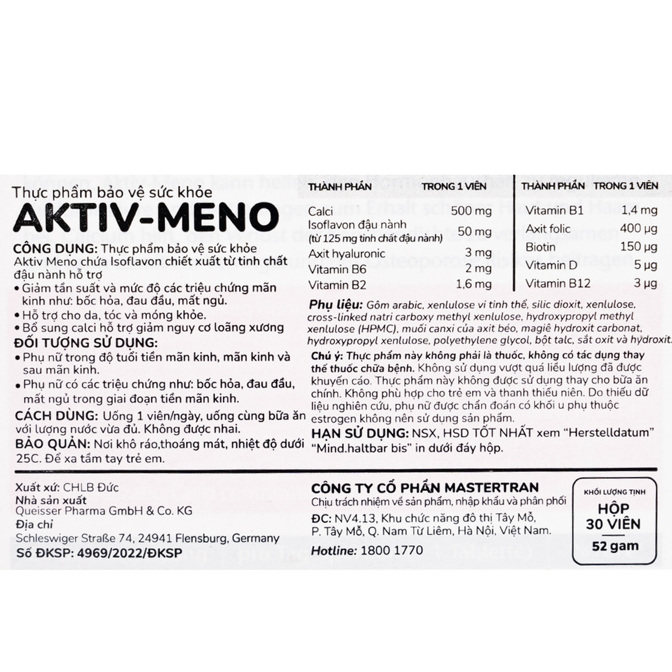 Viên uống Active-Meno Doppelherz Aktiv bổ sung isoflavone, điều hoà kinh nguyệt (30 viên)