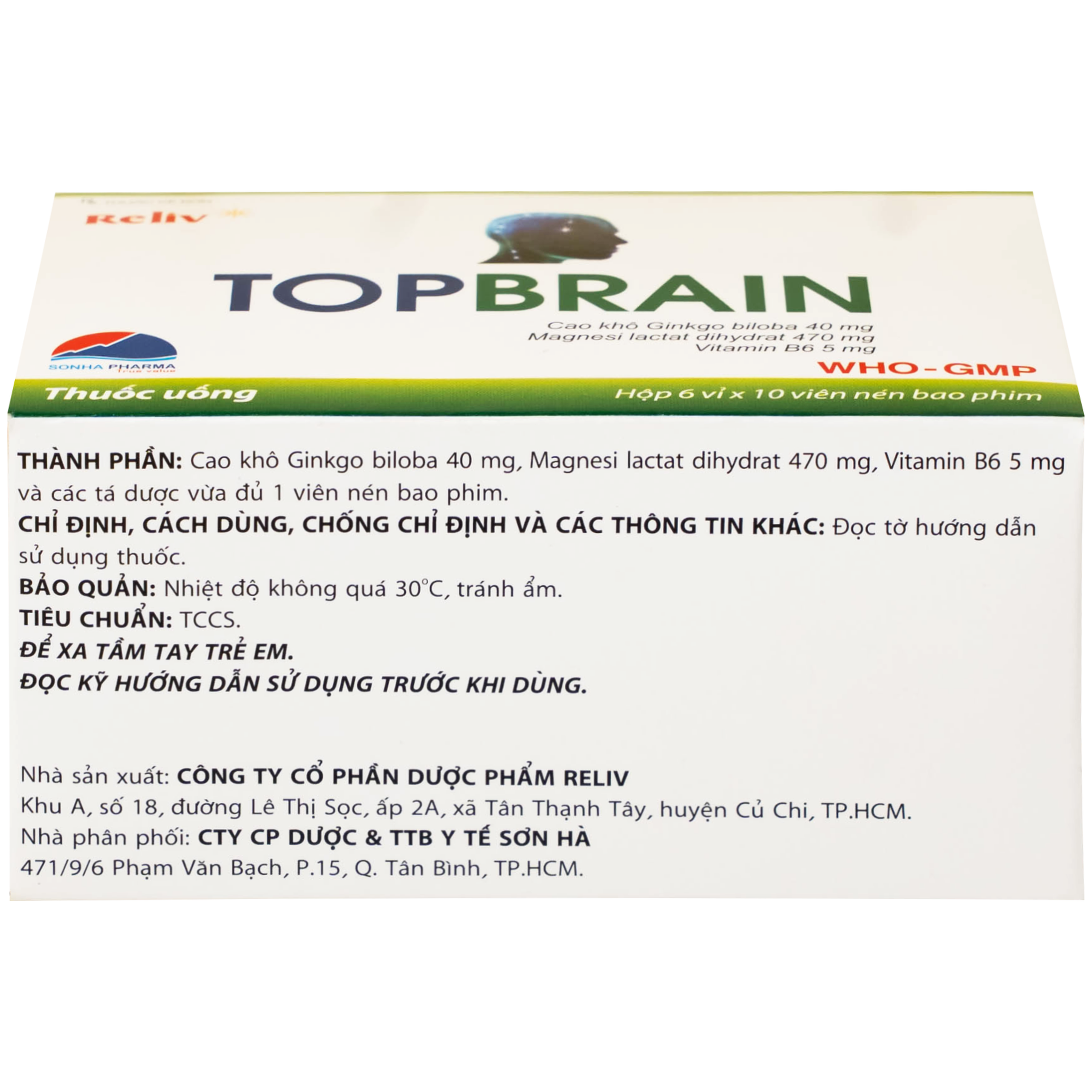 Thuốc Topbrain Reliv điều trị suy nhược thần kinh, giúp tăng tuần hoàn não, tăng cường trí nhớ (6 vỉ x 10 viên)