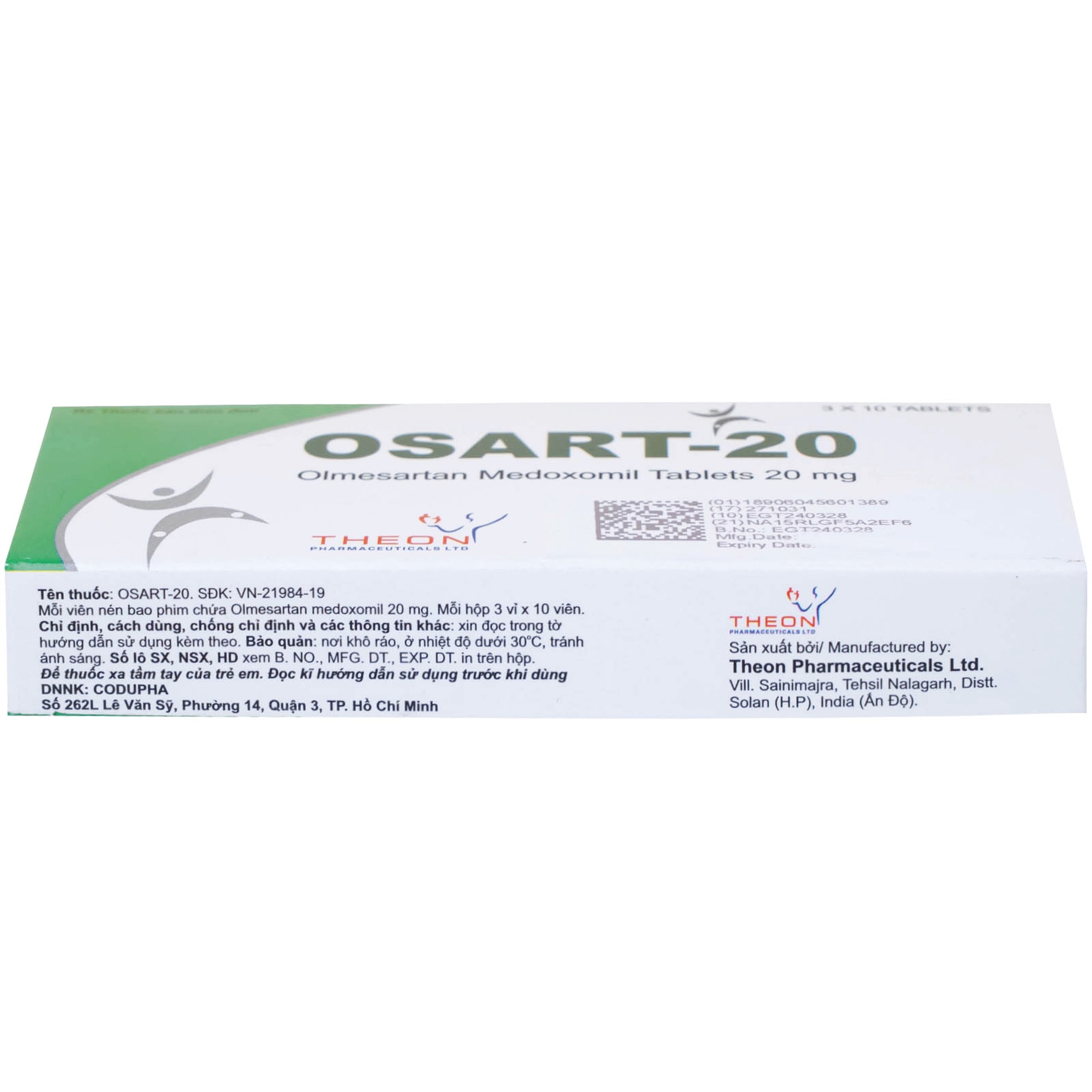 Viên nén Osart-20 Theon Pharma điều trị tăng huyết áp, xơ vữa động mạch (3 vỉ x 10 viên)