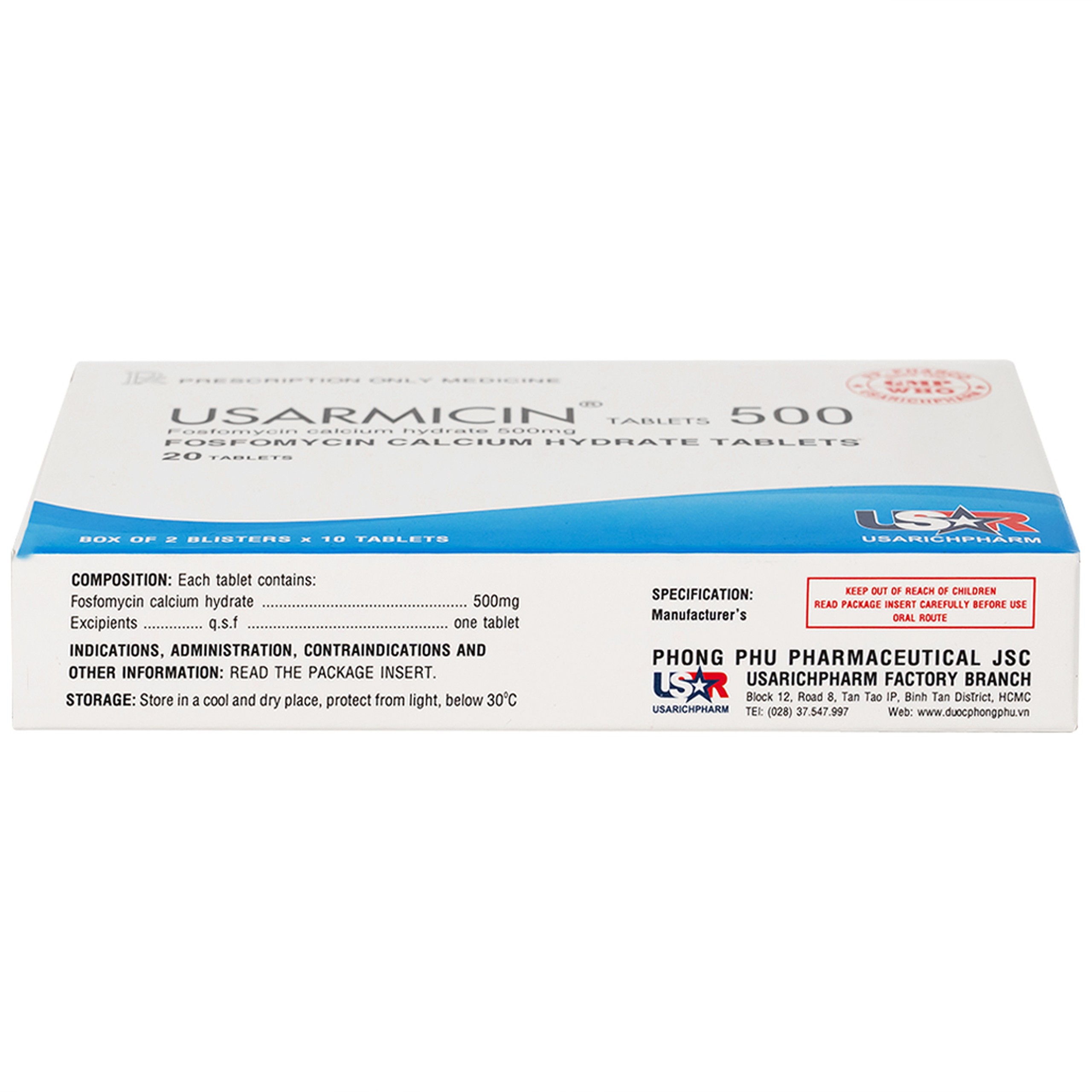 Thuốc Usarmicin Tablets 500 UsarichPharm điều trị nhiễm khuẩn đường tiết niệu (2 vỉ x 10 viên)