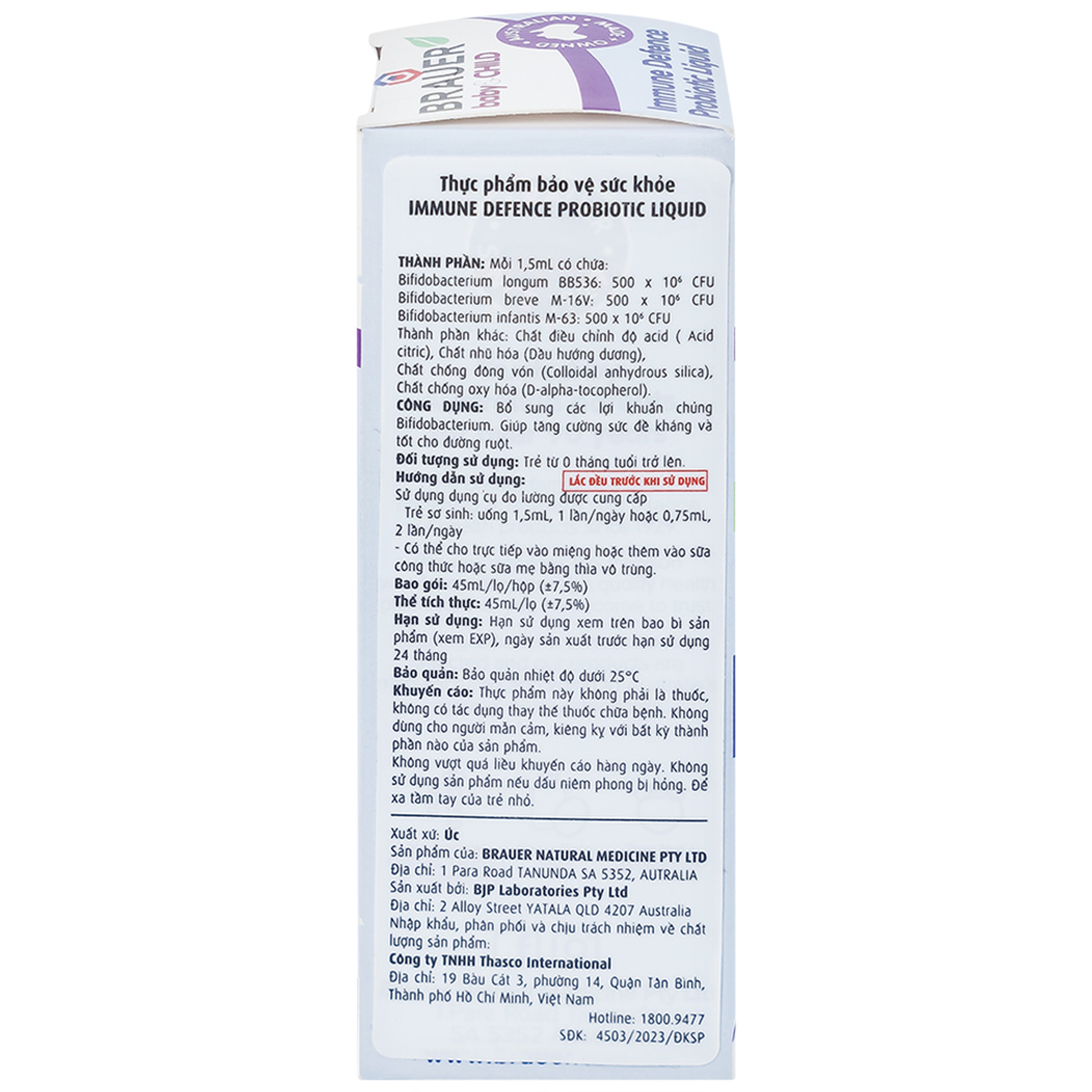 Siro Immune Defence Probiotic Liquid Brauer giúp tăng cường sức đề kháng và tốt cho đường ruột (45ml)