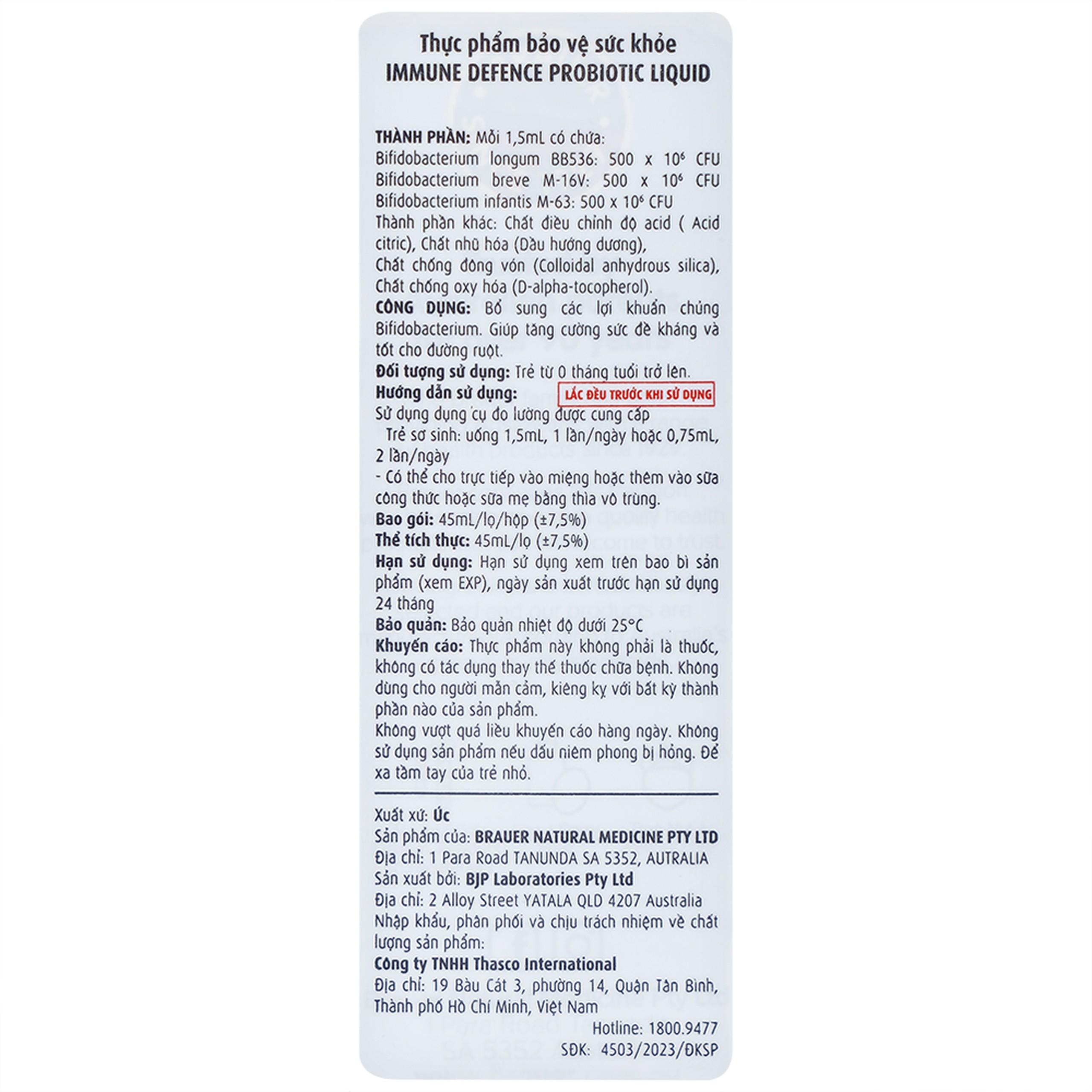 Siro Immune Defence Probiotic Liquid Brauer giúp tăng cường sức đề kháng và tốt cho đường ruột (45ml)