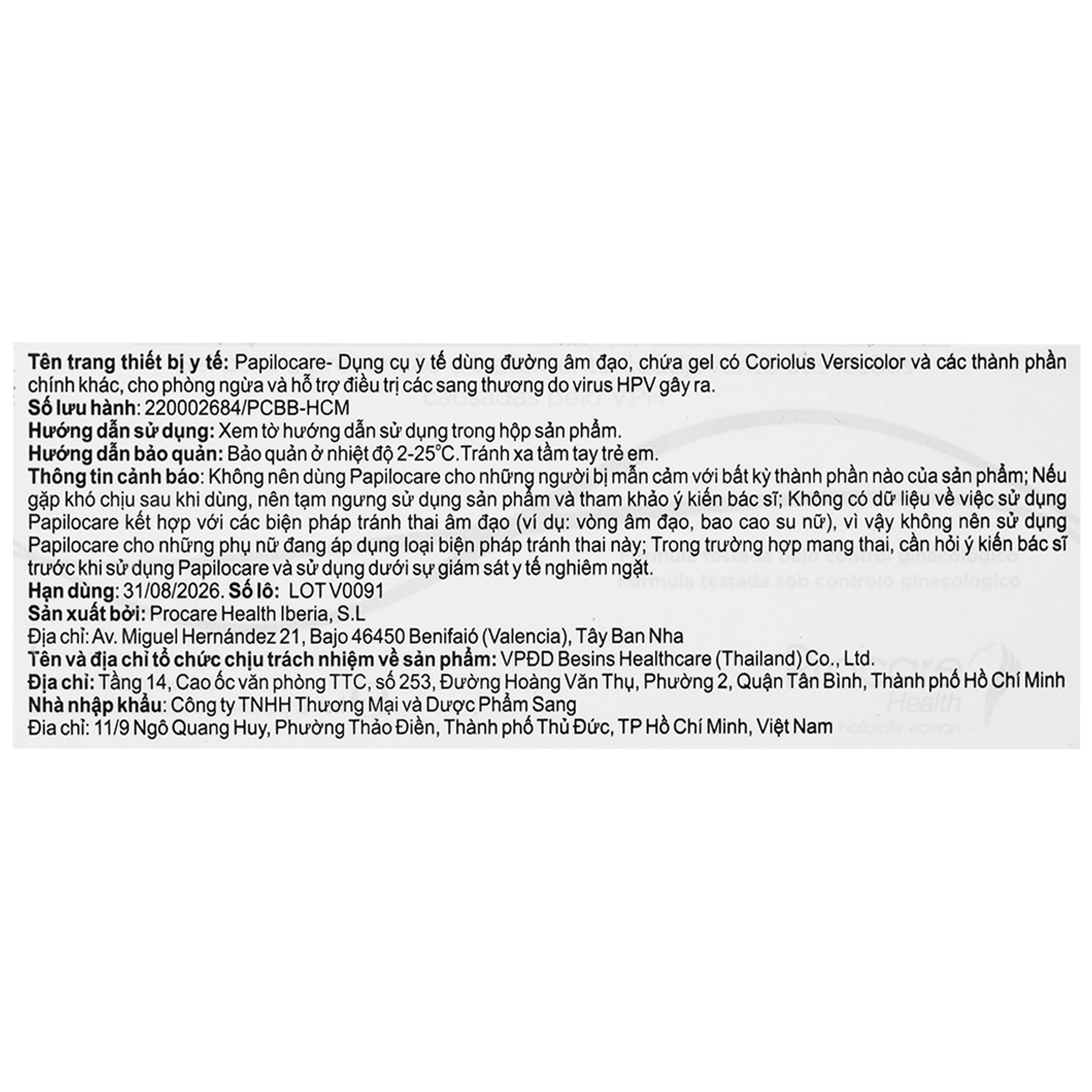 Gel phụ khoa Papilocare Procare Health (21 tuýp) phòng ngừa và điều trị tổn thương do HPV
