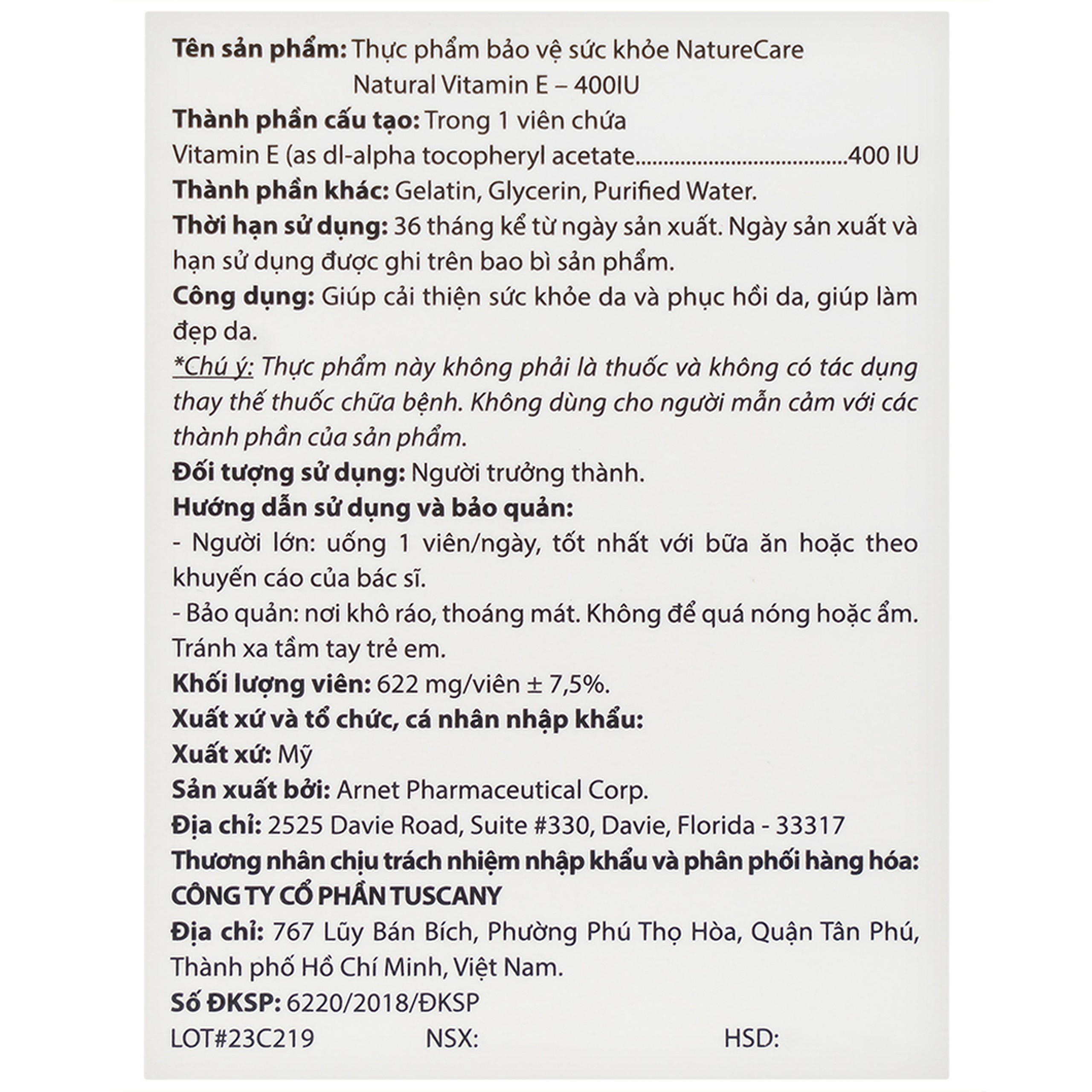 Viên uống giúp làm đẹp da, cải thiện sức khỏe da Natural Vitamin E 400 IU NatureCare (60 viên)